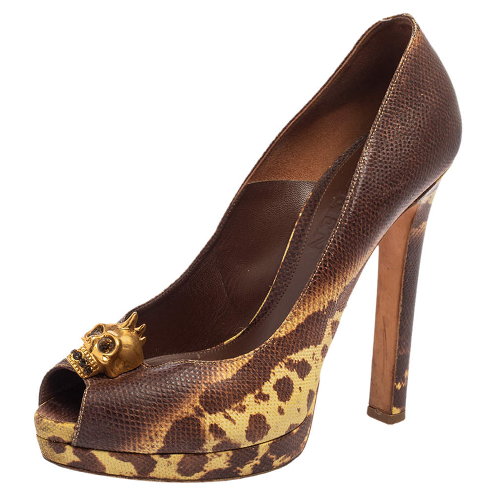 Pre Owned Alexander McQueen Brown/Yellow Karung Leather Skull Peep Toe Pumps Size 38