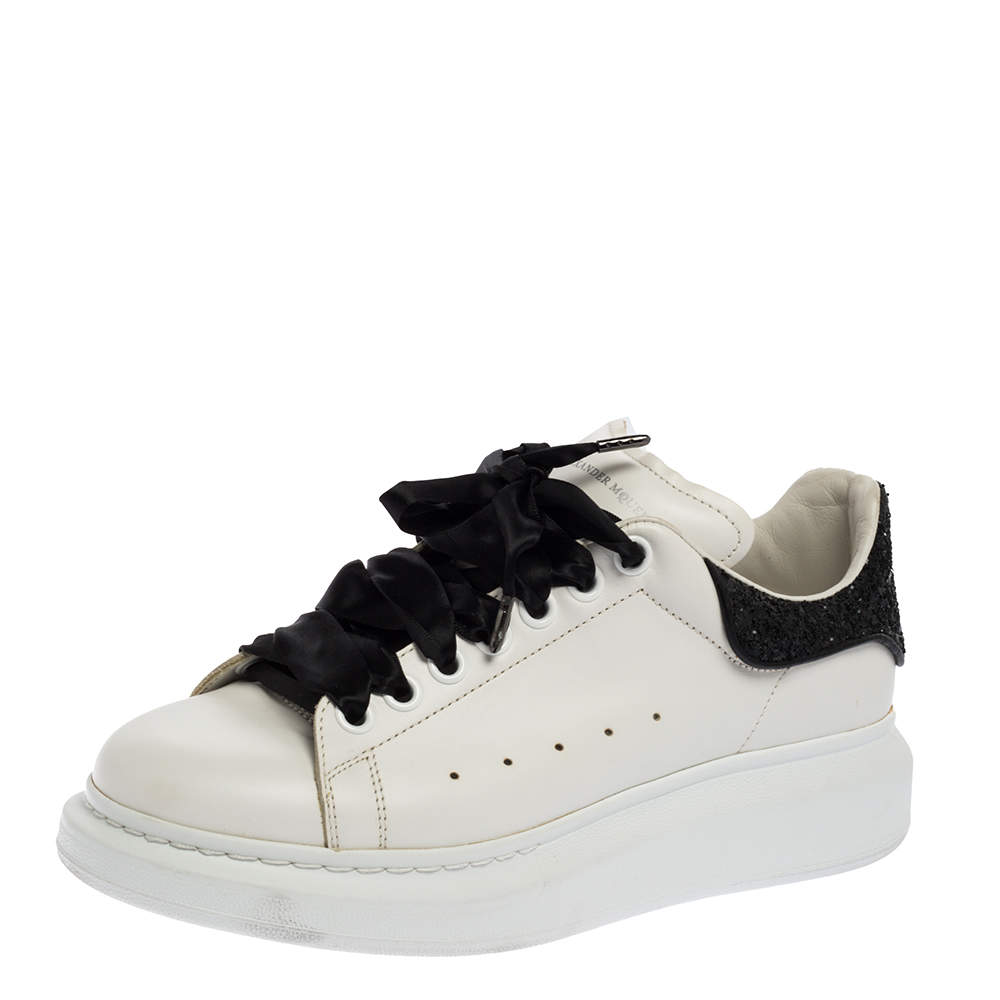 Pre Owned Alexander McQueen White/Black Leather and Glitter Oversized Sneakers Size 40.5