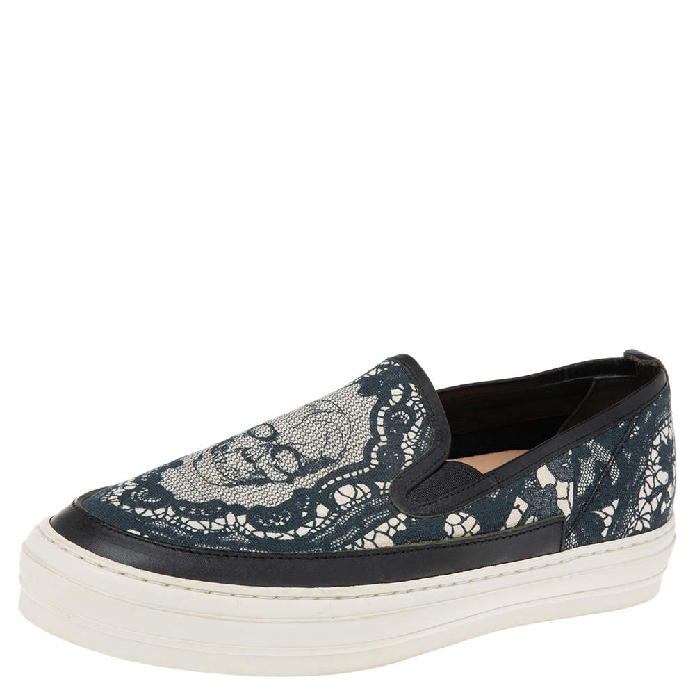 Pre Owned Alexander McQueen Black/Green Leather And Canvas Slip On Sneakers Size 40