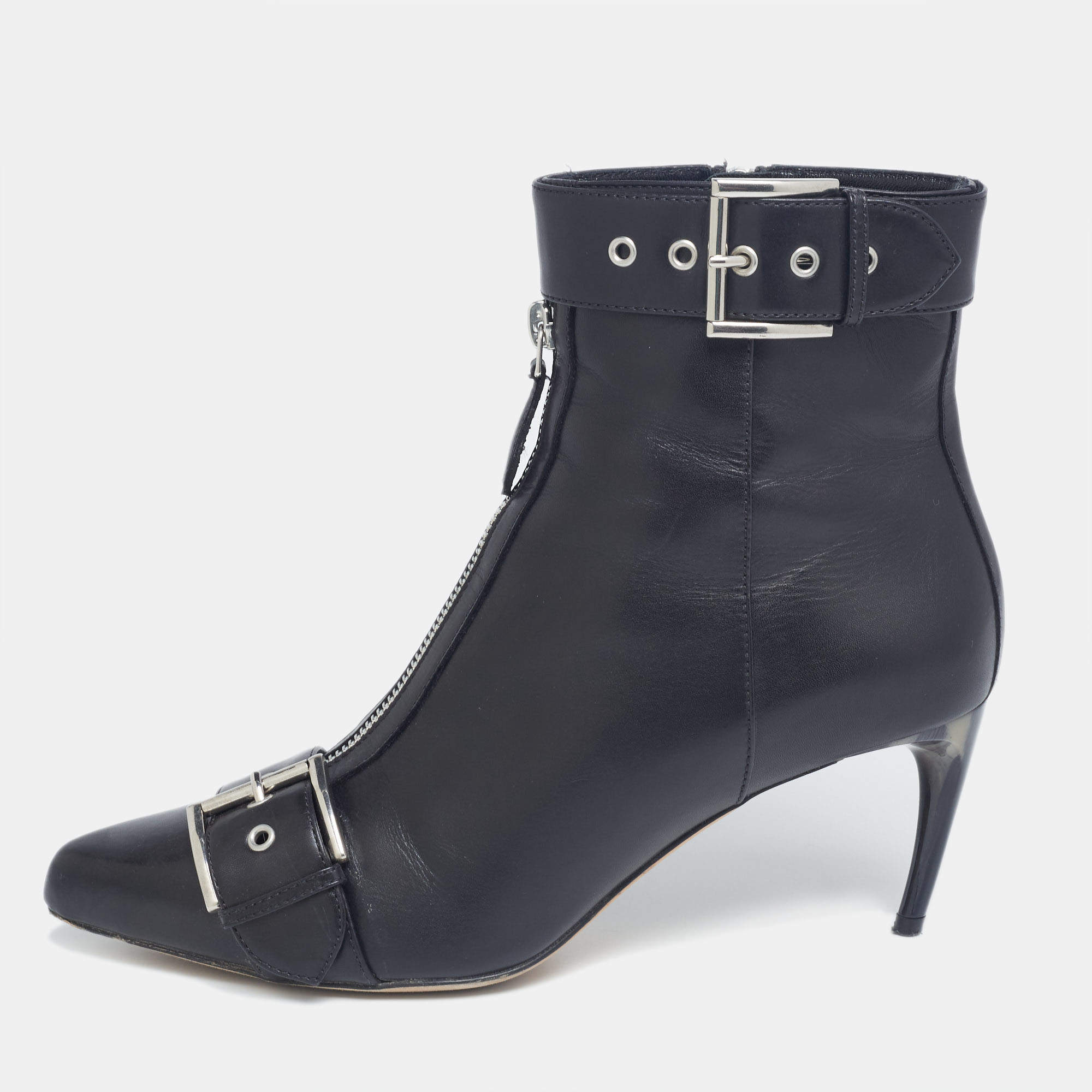 Pre Owned Alexander McQueen Black Leather Buckle Ankle Length Boots Size 38