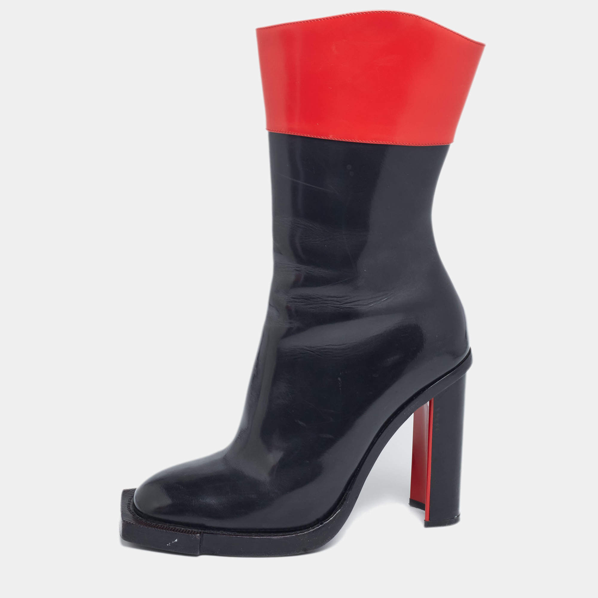Pre Owned Alexander McQueen Red/Black Patent Leather Calf Length Boots Size 40