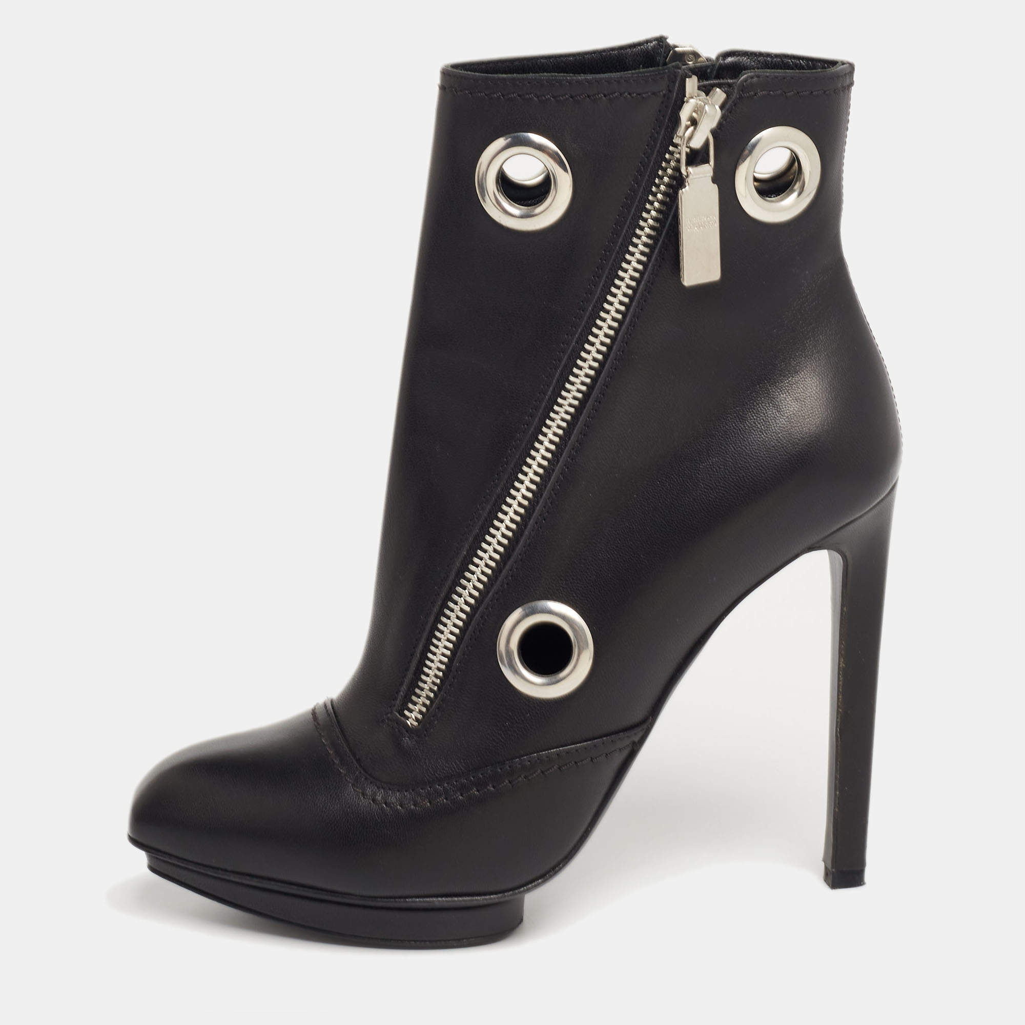 Alexander McQueen Black Leather Eyelet Detail Ankle Booties Size 37