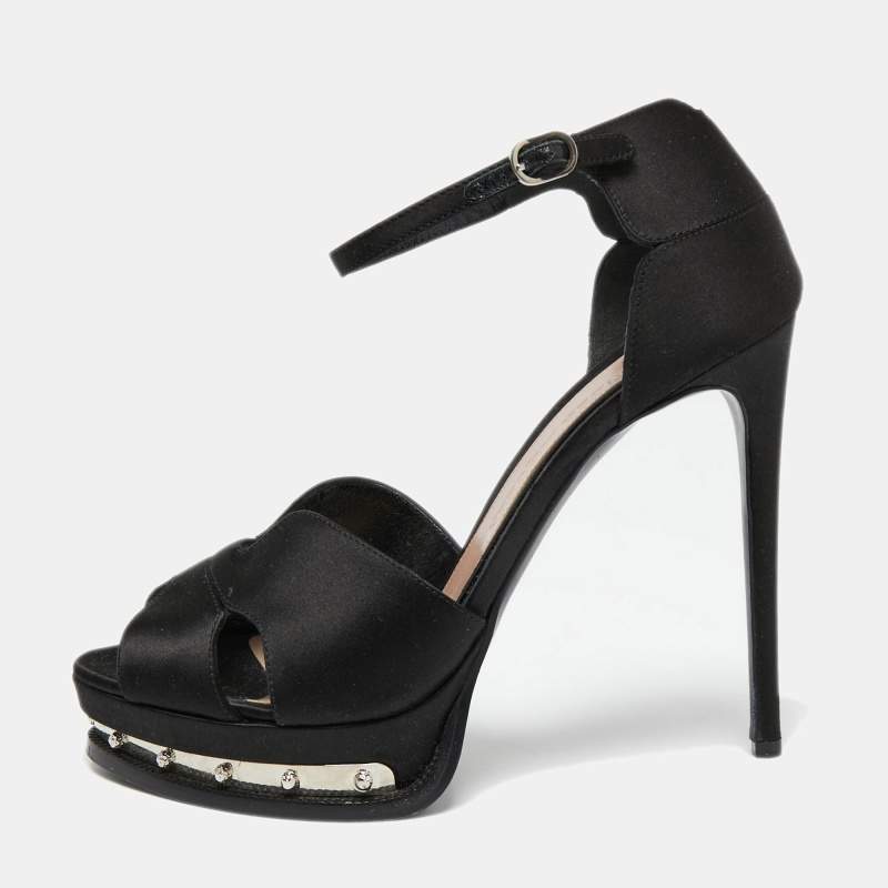 Pre Owned Alexander McQueen Black Satin Studded Platform Ankle-Strap Sandals Size 39