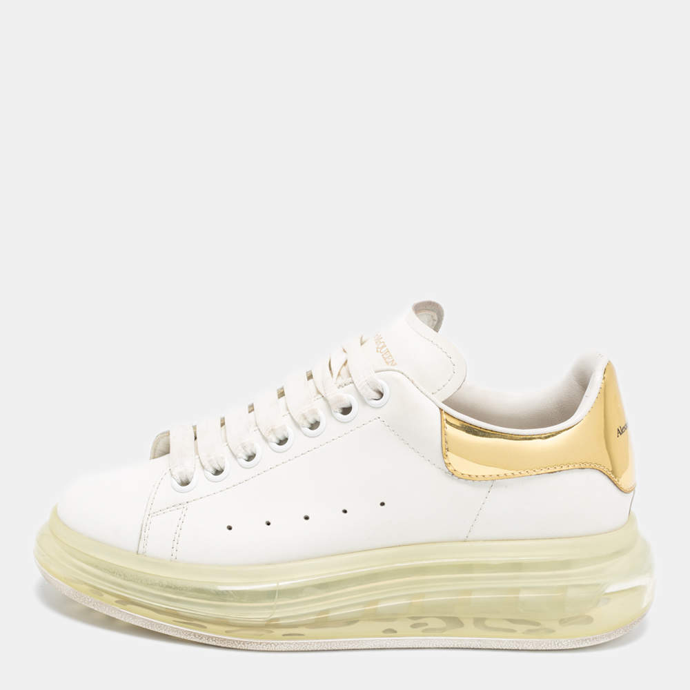 Pre Owned Alexander McQueen White/Gold Leather Oversized  Sneakers Size 37.5