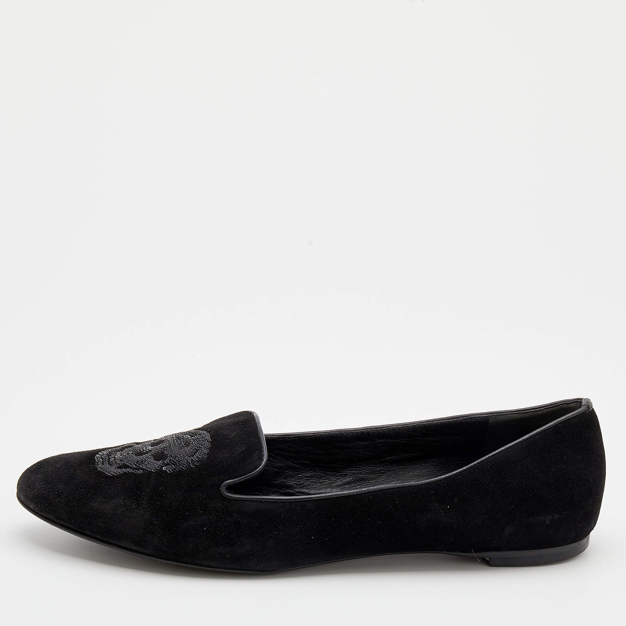 Pre Owned Alexander McQueen Black Suede Sequin Skull Smoking Slippers Size 40.5