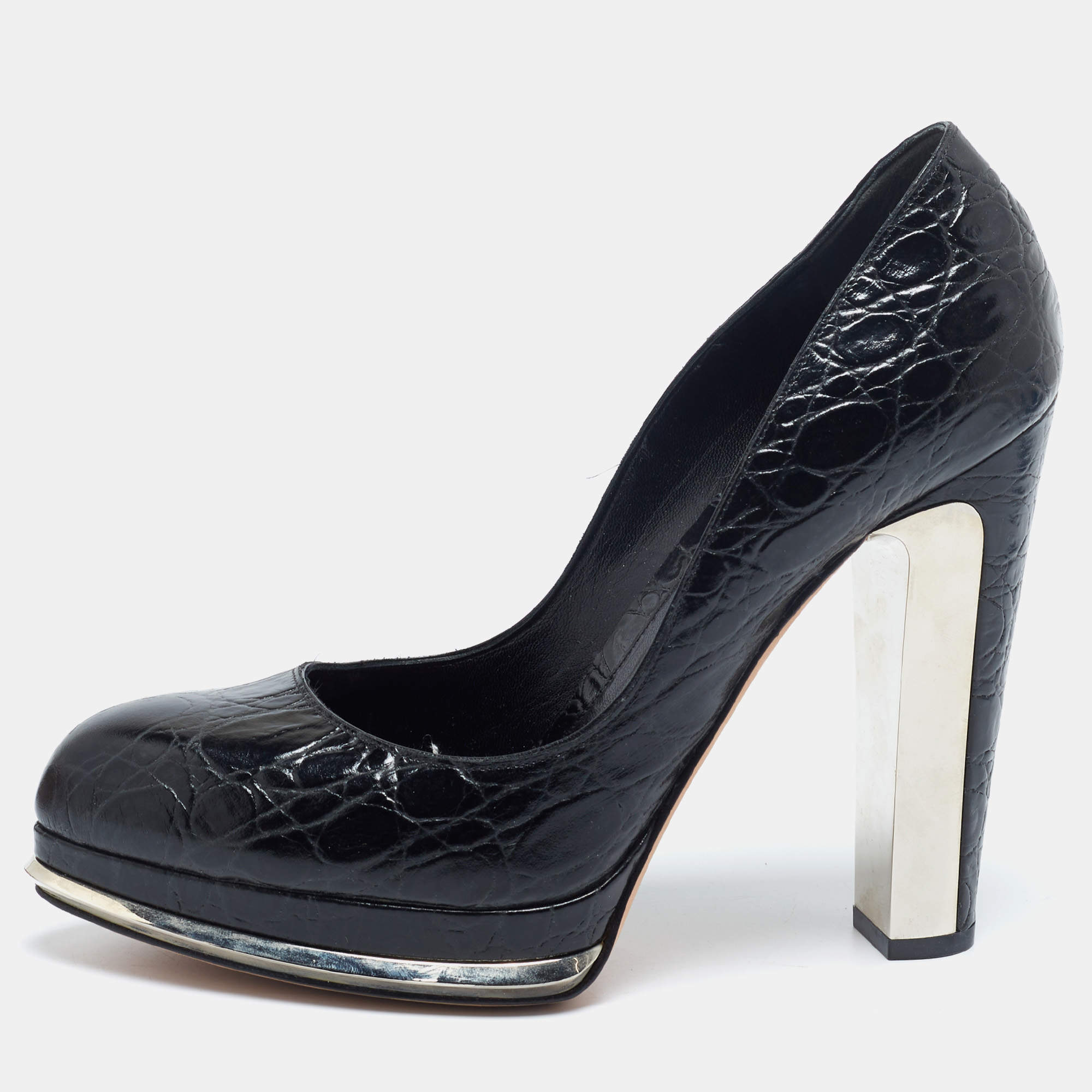 Pre Owned Alexander McQueen Black Croc Embossed Leather Platform Pumps Size 39