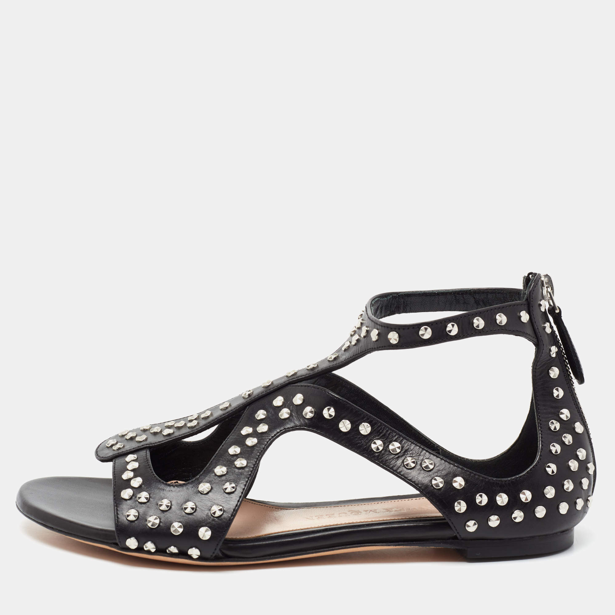 Pre Owned Alexander McQueen Black Micro Studded Leather Cage Flat Sandals Size 38