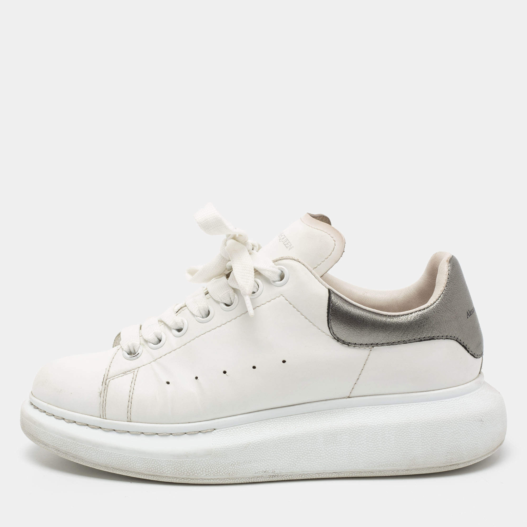 Pre Owned Alexander McQueen Metallic/White Leather Oversized Sneakers Size 39