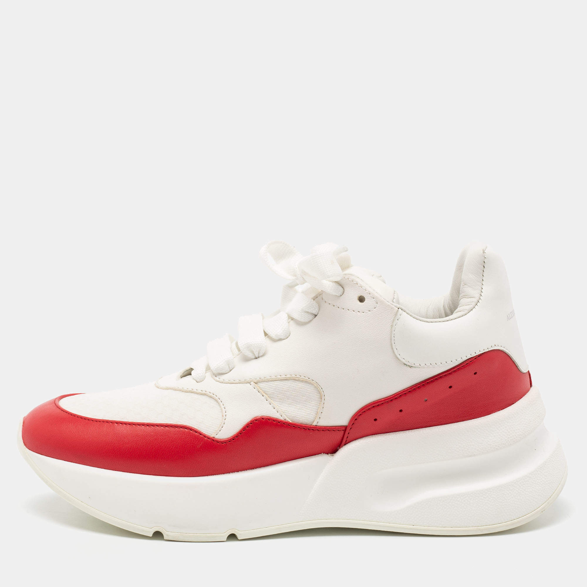 Pre Owned Alexander McQueen White/Red Leather And Fabric Oversized Runner Low Top Sneakers Size 38.5
