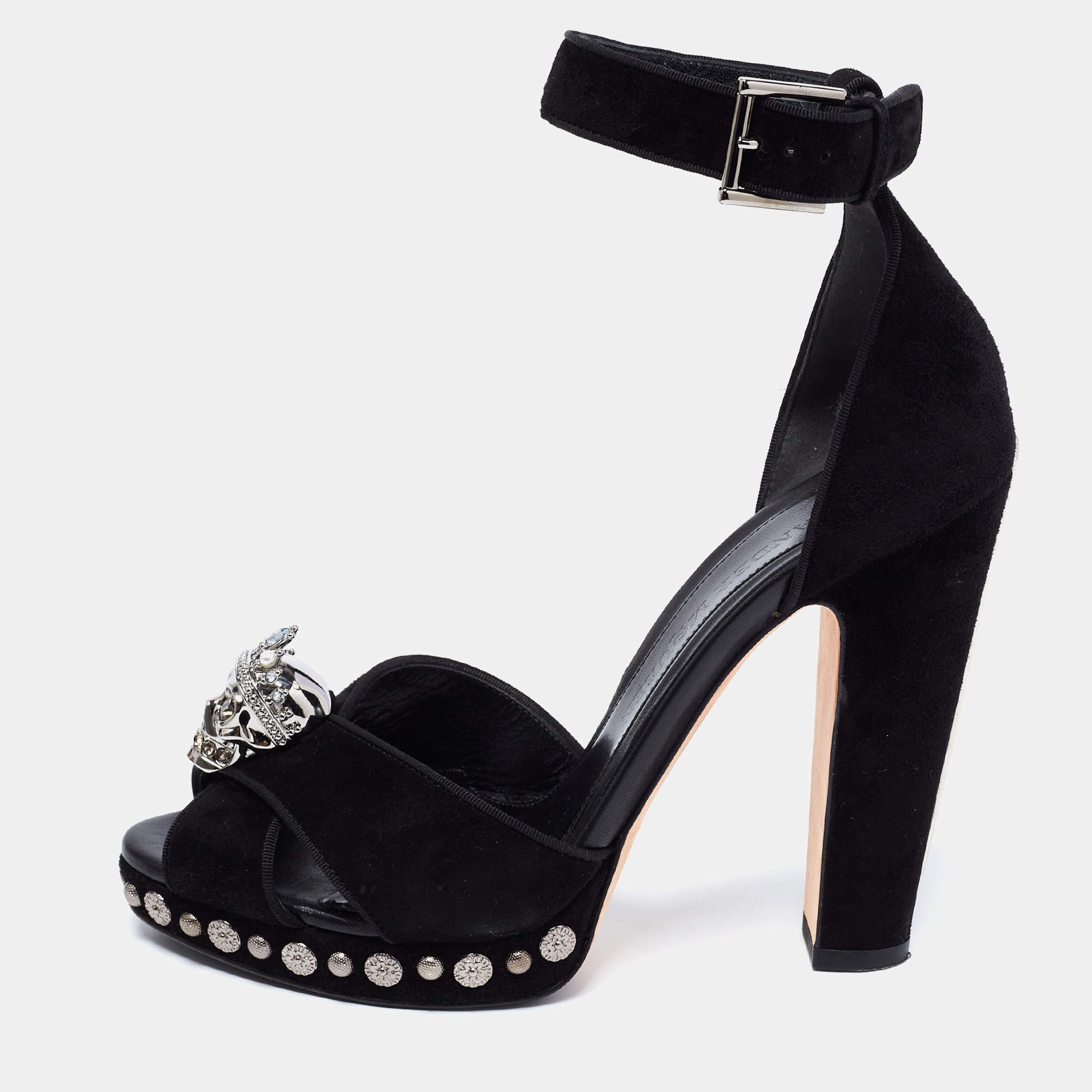 Alexander McQueen Black Suede Crystal Embellished Skull Ankle Strap Sandals Size 38