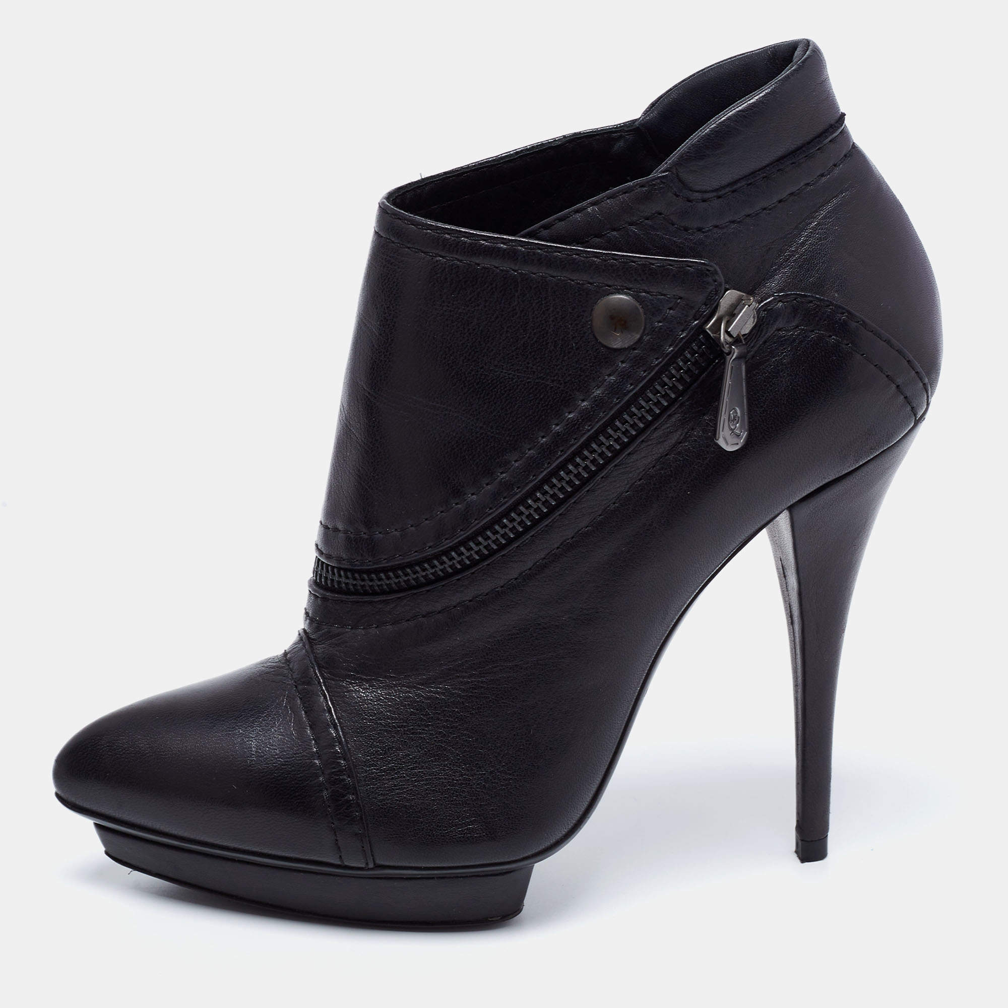 Pre Owned Alexander McQueen Black Leather Zipper Detail Ankle Booties Size 38