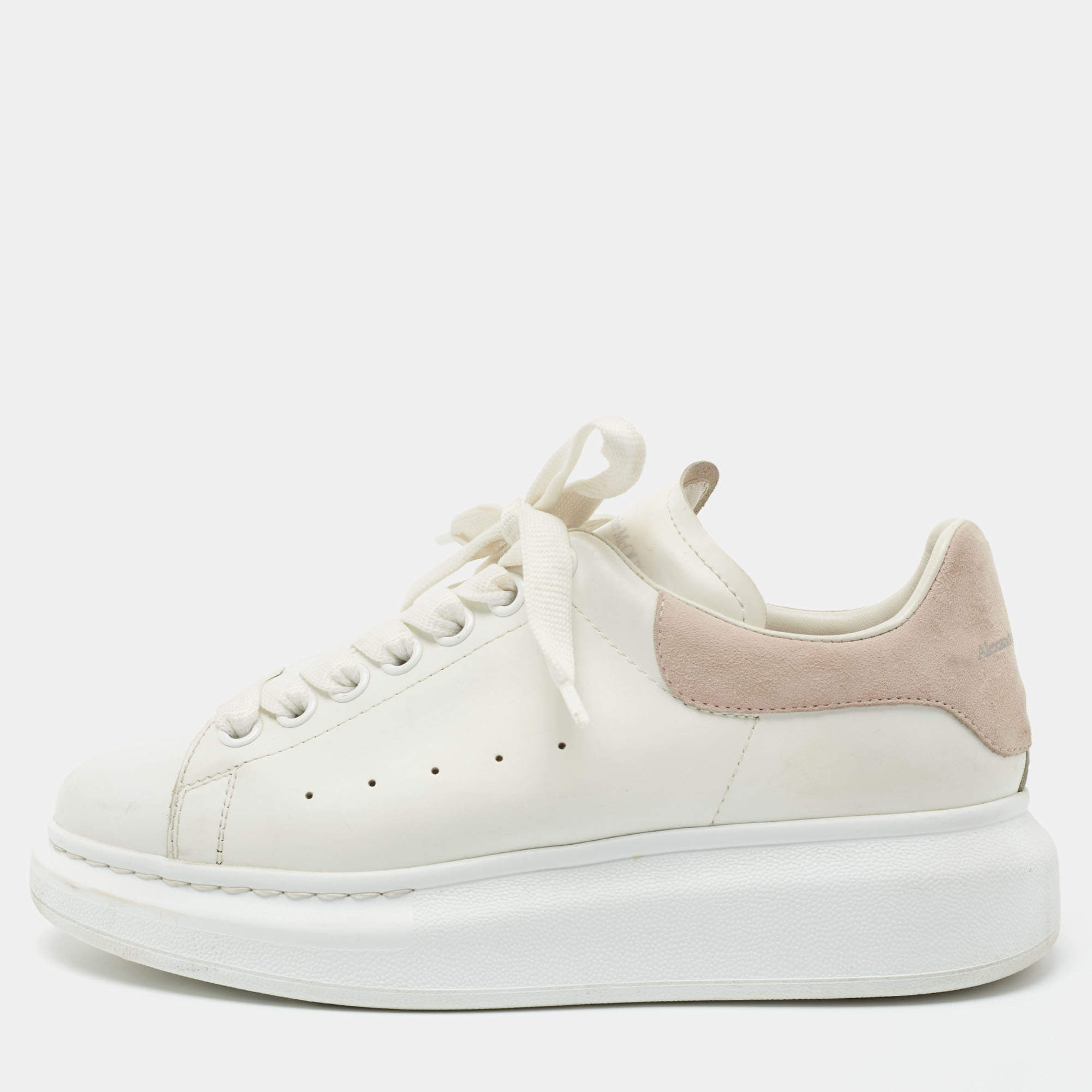 Pre Owned Alexander McQueen White/Pink Leather and Suede Oversized Sneakers Size 37