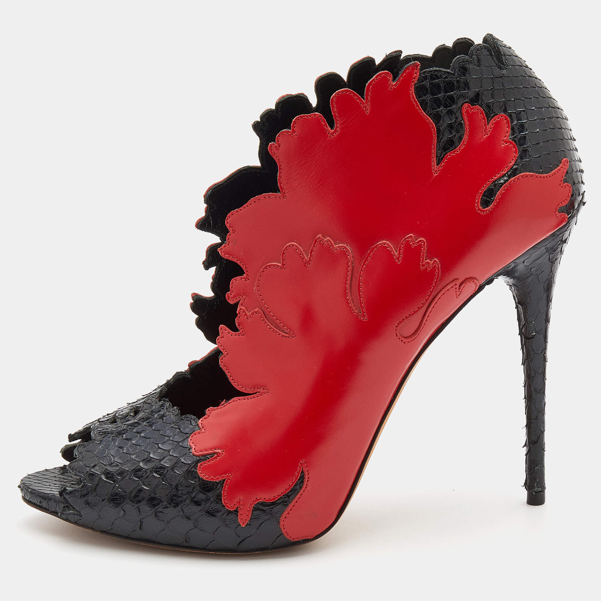 Alexander McQueen Red/Black Python and Leather Kimono Flower Booties Size 38.5