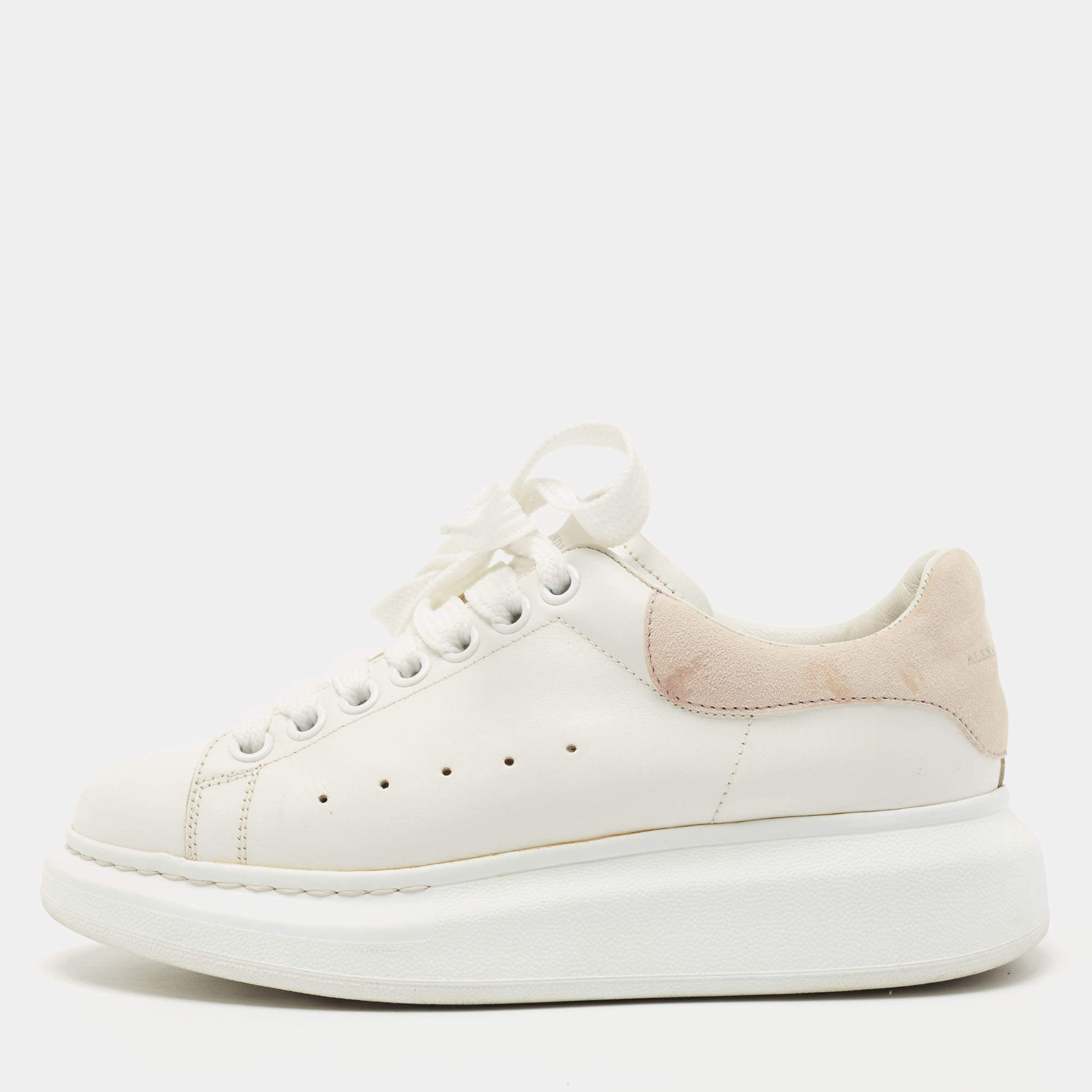 Pre Owned Alexander McQueen White/Pink Leather and Suede Oversized Sneakers Size 37