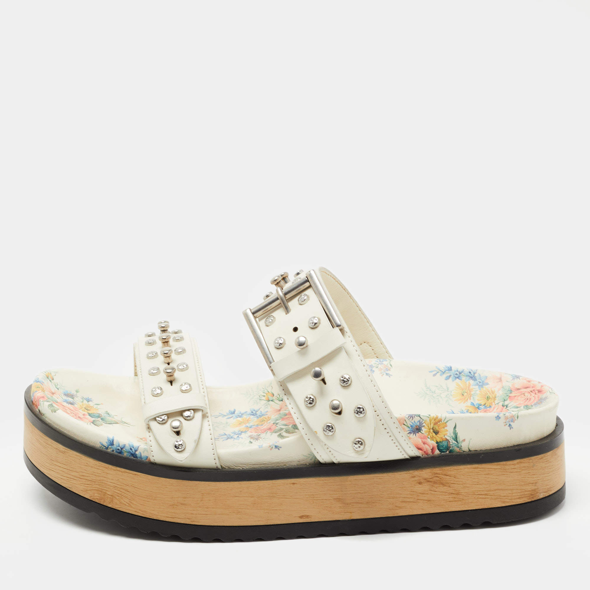 Alexander McQueen Cream Leather Flower Print Flat Slides Size 38.5