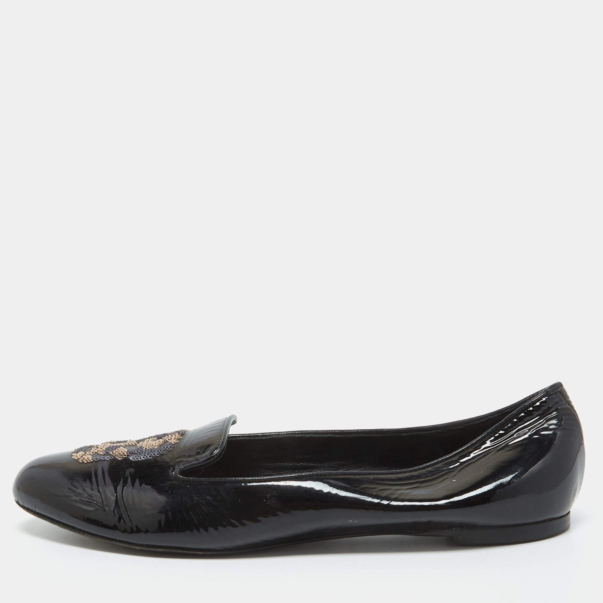 Pre Owned Alexander McQueen Black Patent Leather Sequin Skull Smoking Slippers Size 39