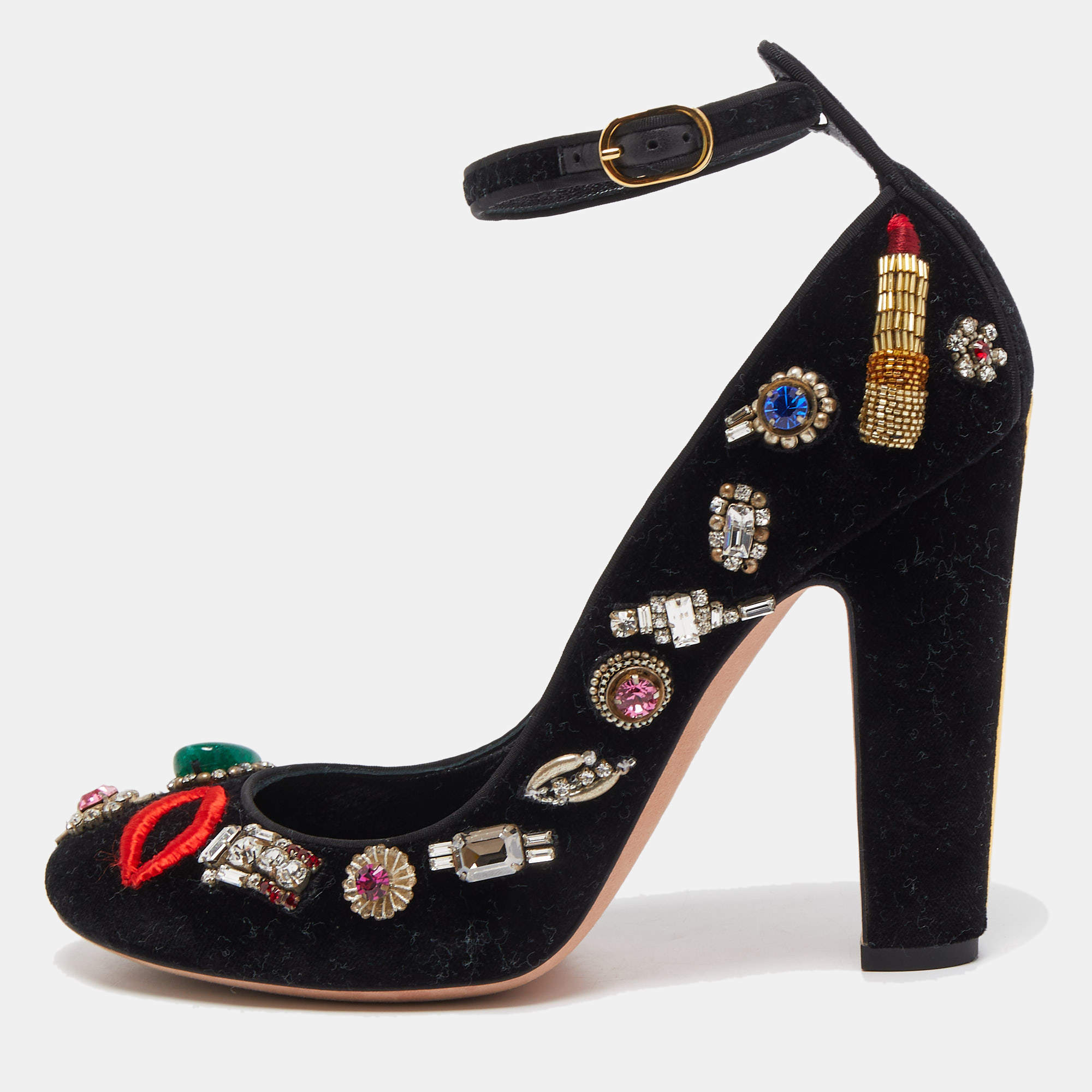Pre Owned Alexander McQueen Black Velvet Crystal Embellished Ankle Cuff Pumps Size 38