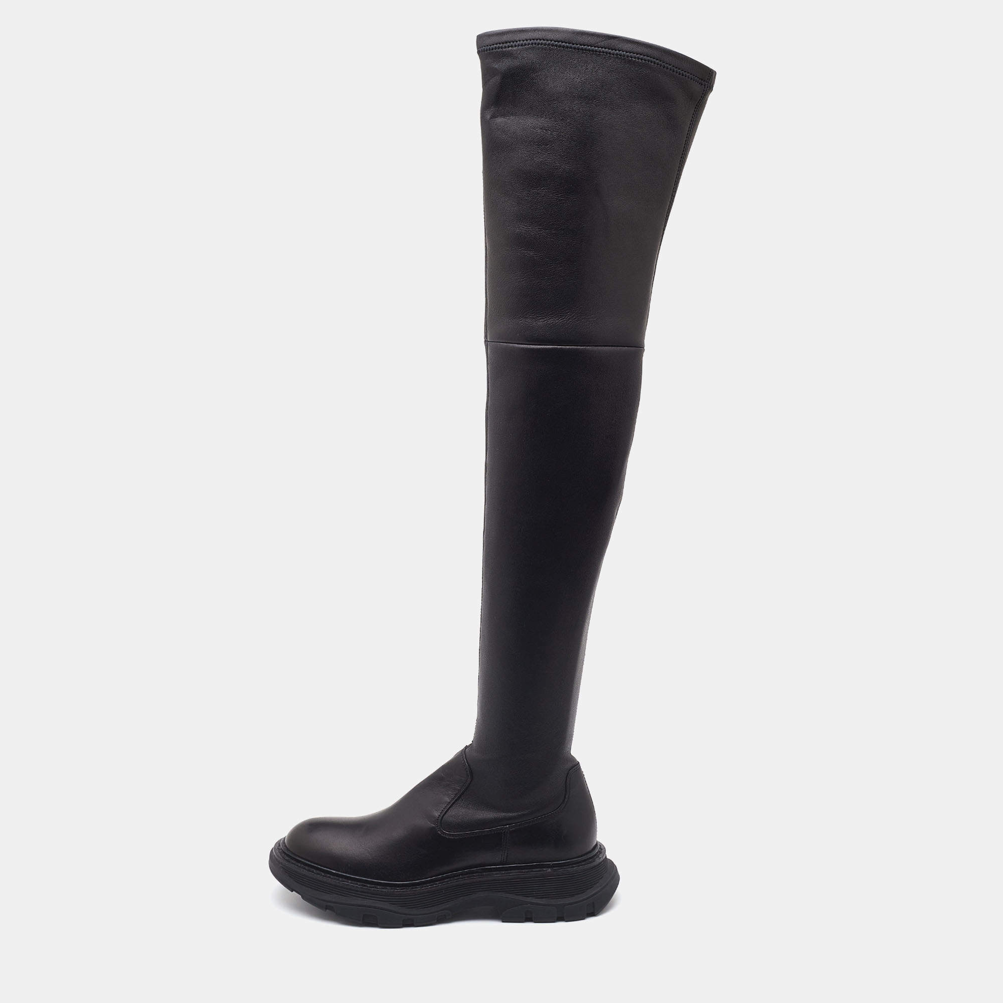 Pre Owned Alexander McQueen Black Leather Over The Knee Boots Size 38.5