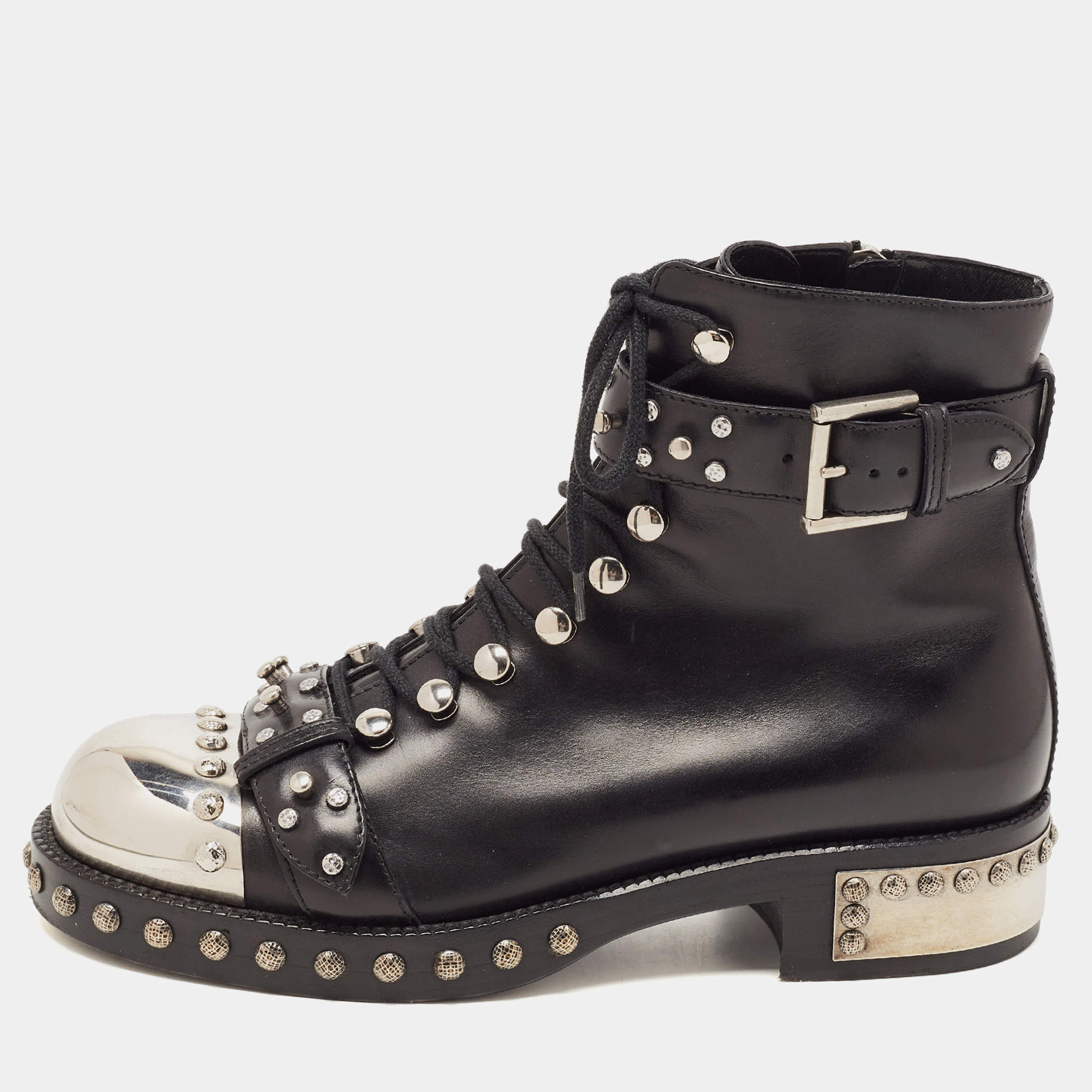 Louis Vuitton Black Bernice Leather Metallic Studded Cap Toe Ankle Boots -  38
