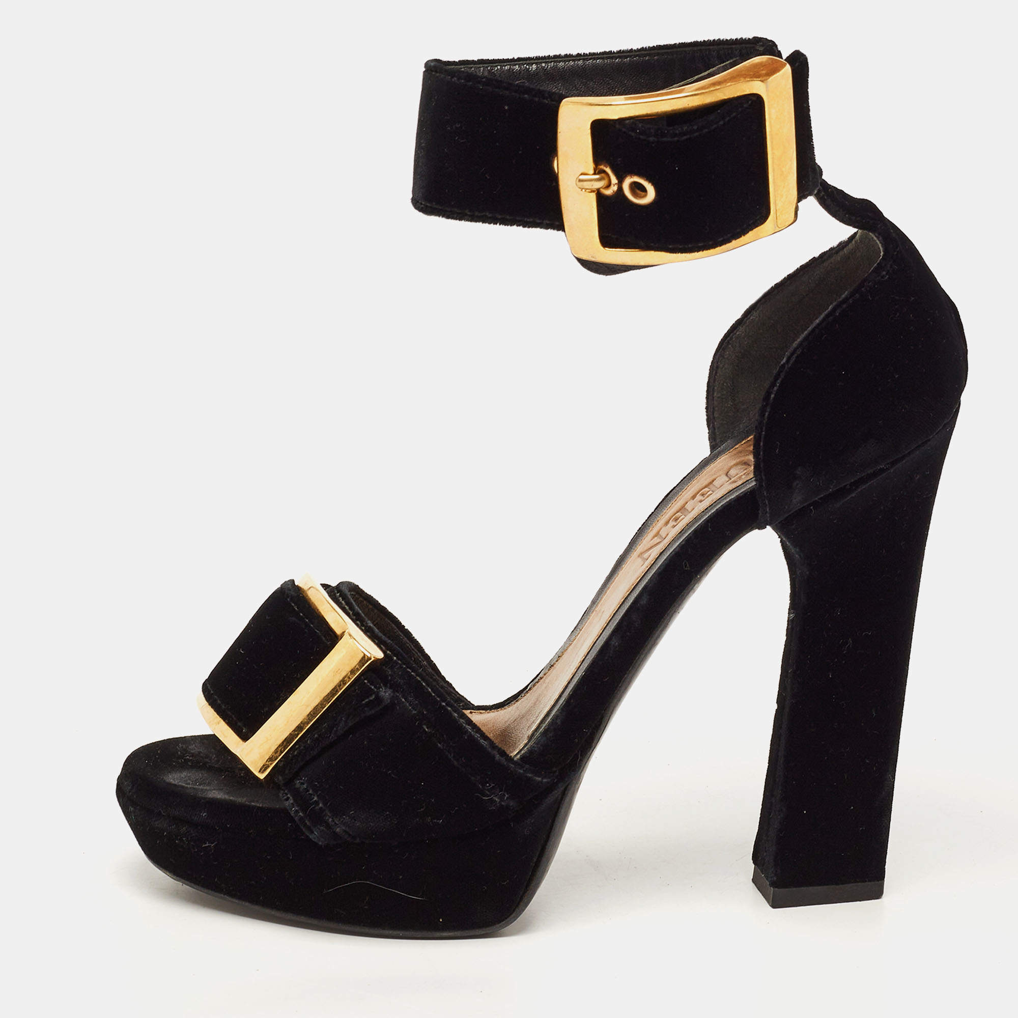 Pre Owned Alexander McQueen Black Velvet Buckle Platform Ankle Strap Sandals Size 39