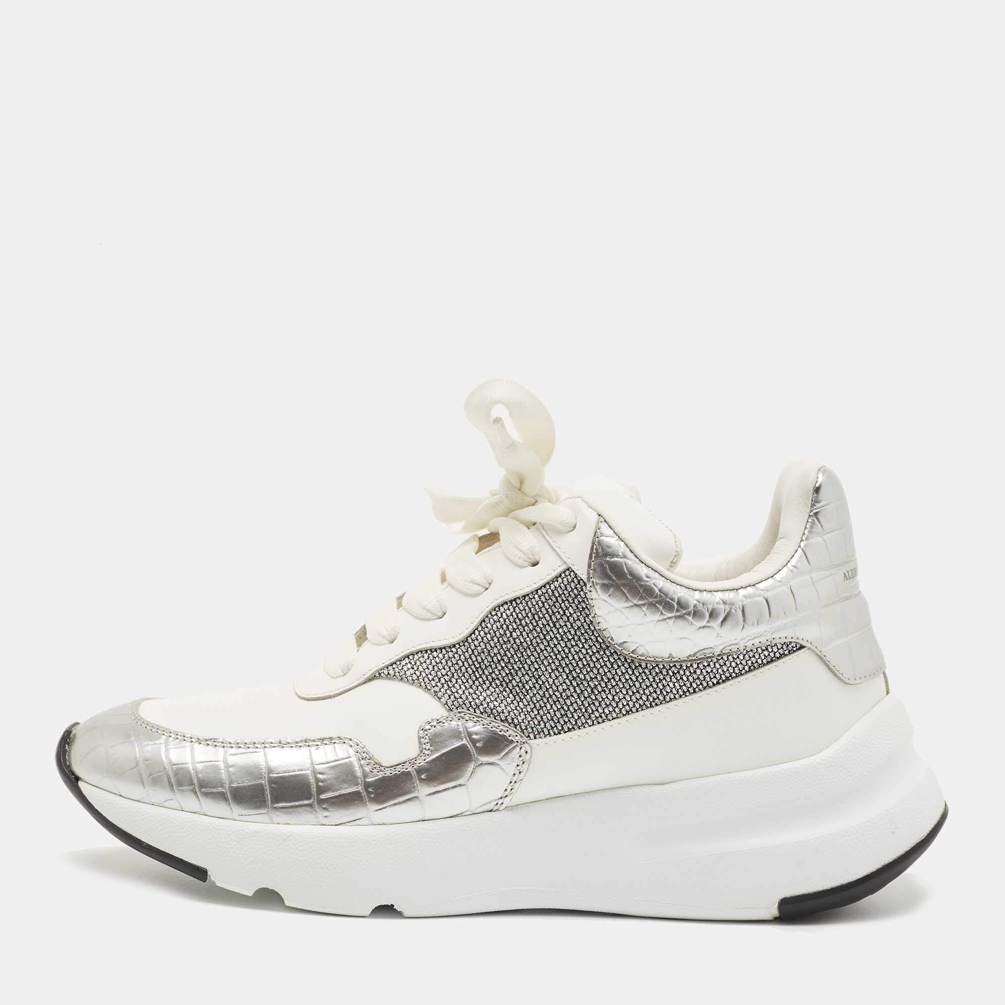 Pre Owned Alexander McQueen White Croc Embossed Leather Oversized Low Top Sneakers Size 40.5