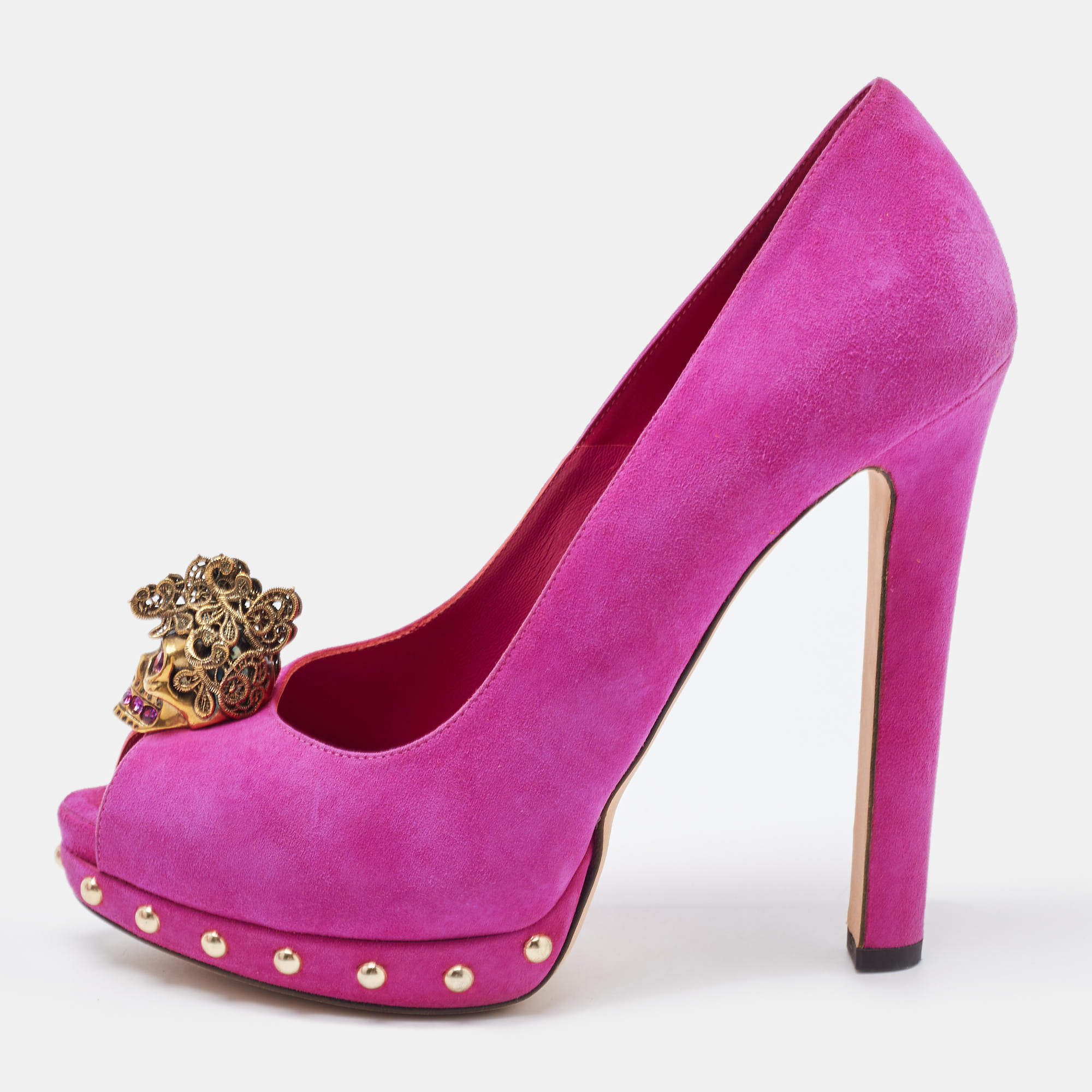 Alexander McQueen Pink Suede Embellished Skull Studded Platform Peep Toe Pumps Size 38.5