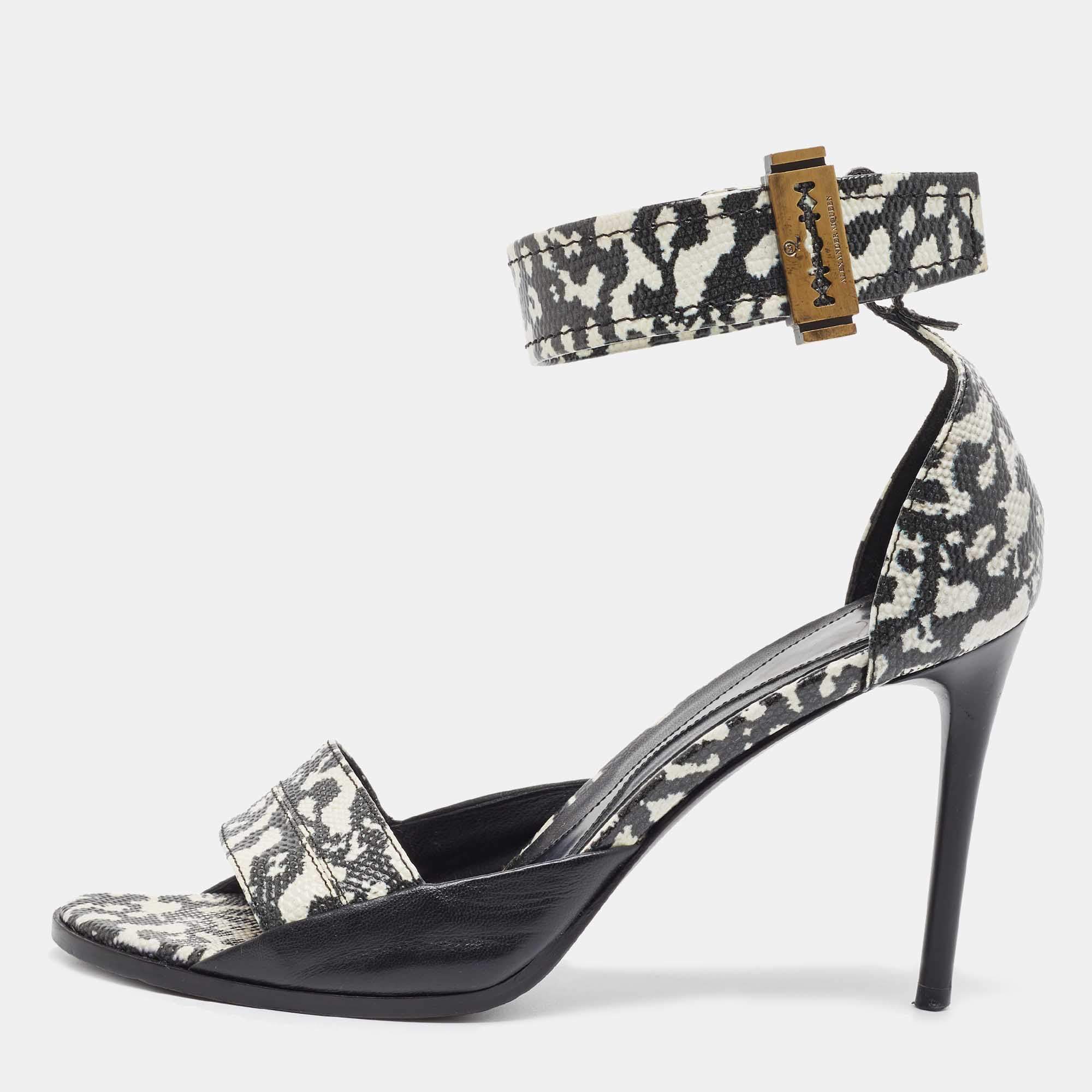 Pre Owned Alexander McQueen Black/White Leather and Lizard Embossed Lana Razor Ankle Cuff Sandals Size 39