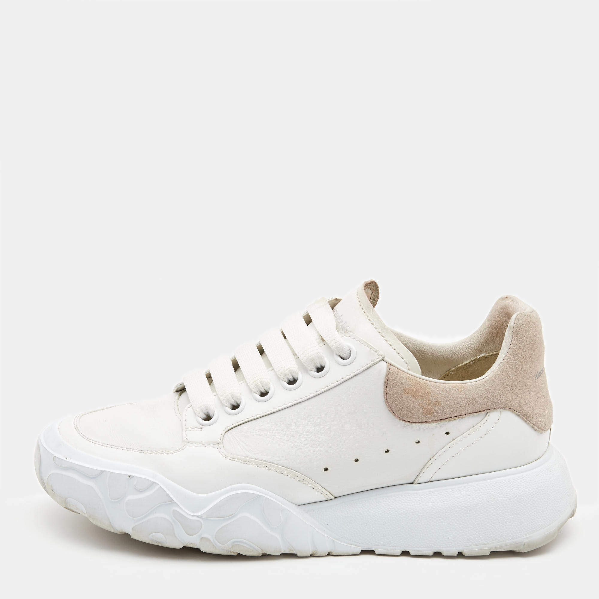 Pre Owned Alexander McQueen White/Beige Leather and Mesh Oversized Runner Sneakers Size 38.5