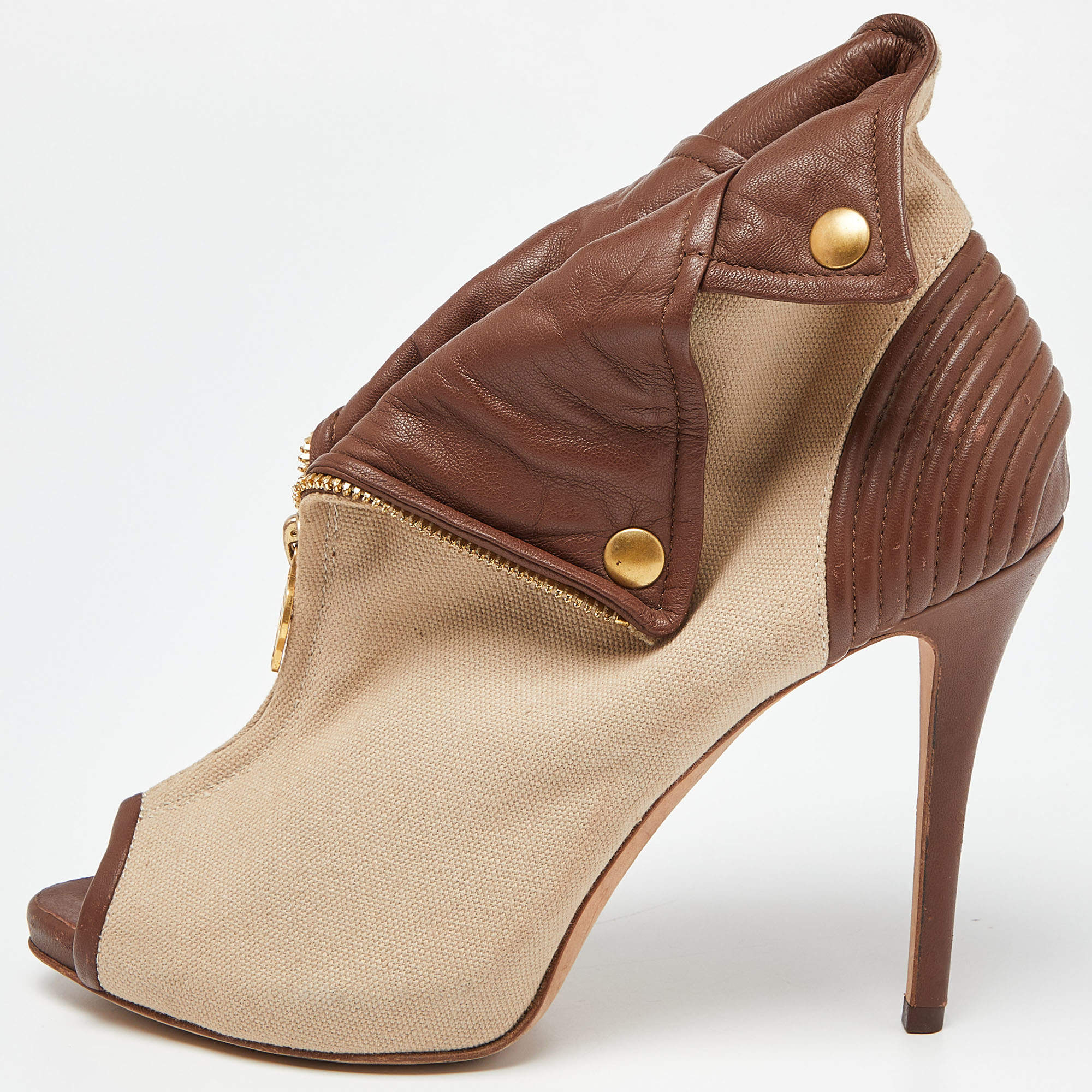 Pre Owned Alexander McQueen Beige/Brown Canvas and Leather Faithful Skull Peep Toe Platform Booties Size 38