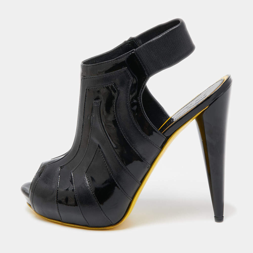 Alexander McQueen Black Patent and Leather Peep Toe Boots Size 38