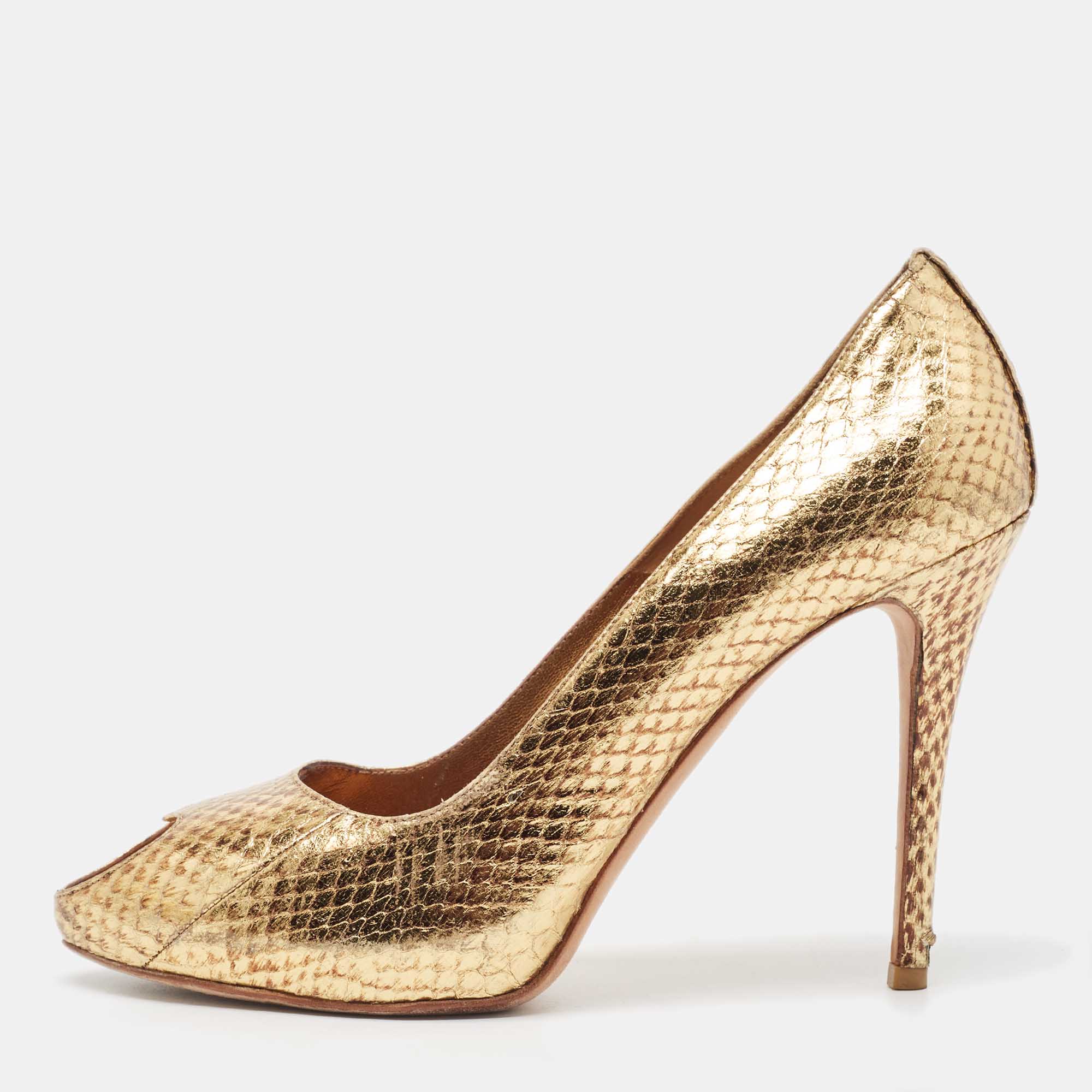 Alexander McQueen Gold Embossed Python Heart Peep Toe Pumps Size 38.5