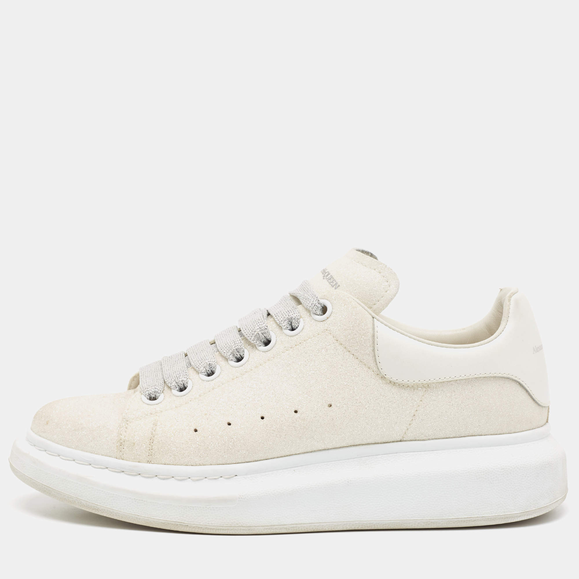 Alexander McQueen White Glitter and Leather Oversized Sneakers Size  41