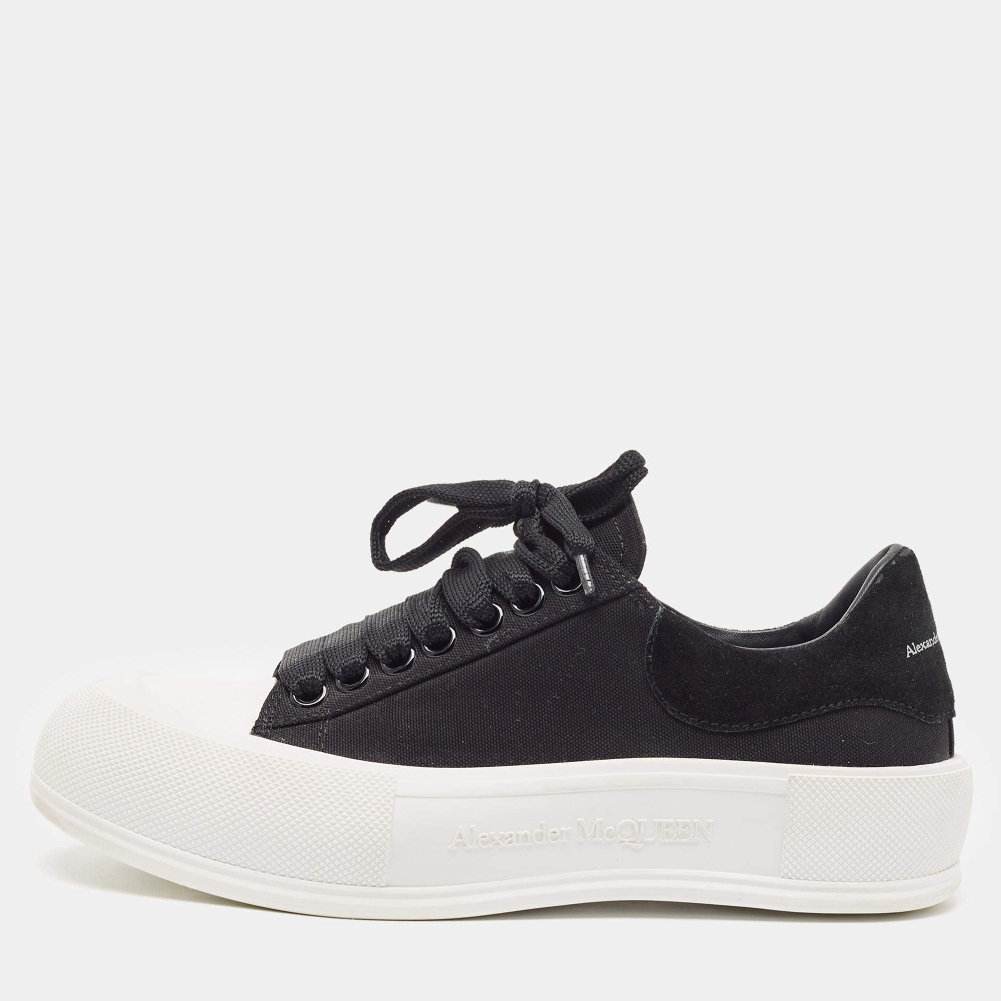 Pre Owned Alexander McQueen Black/White Canvas Deck Lace Up Plimsoll Sneakers Size 39