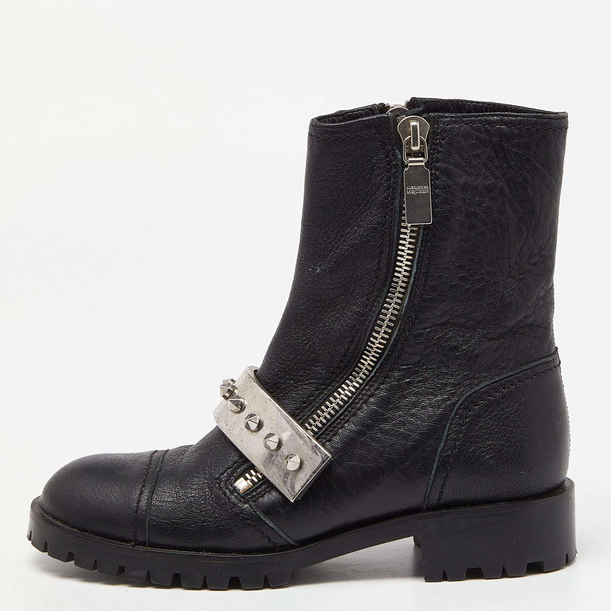 Pre Owned Alexander McQueen Black Leather Metal Bar Studded Biker Ankle Boots Size 37