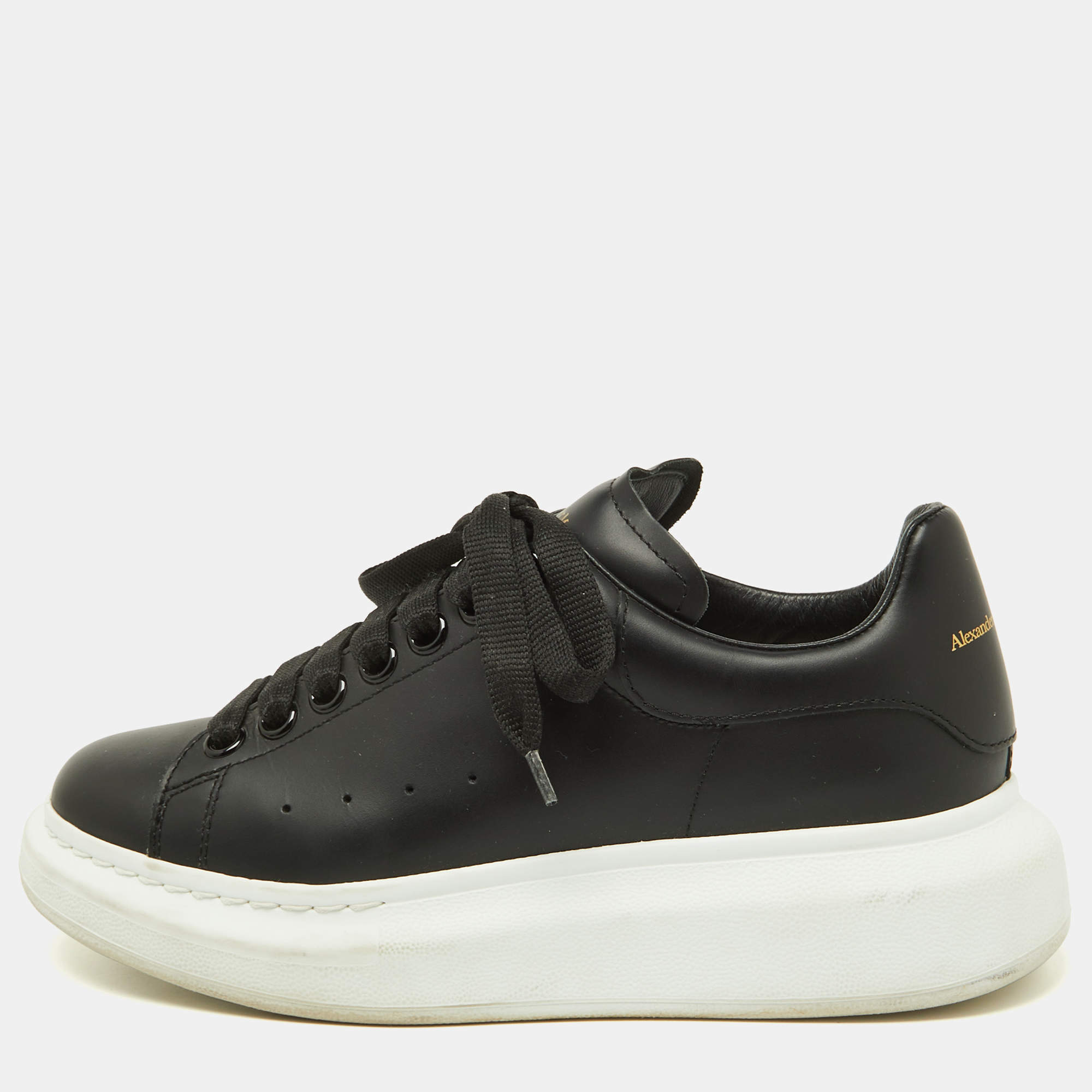 Pre Owned Alexander McQueen Black Leather Oversized Sneakers Size 37