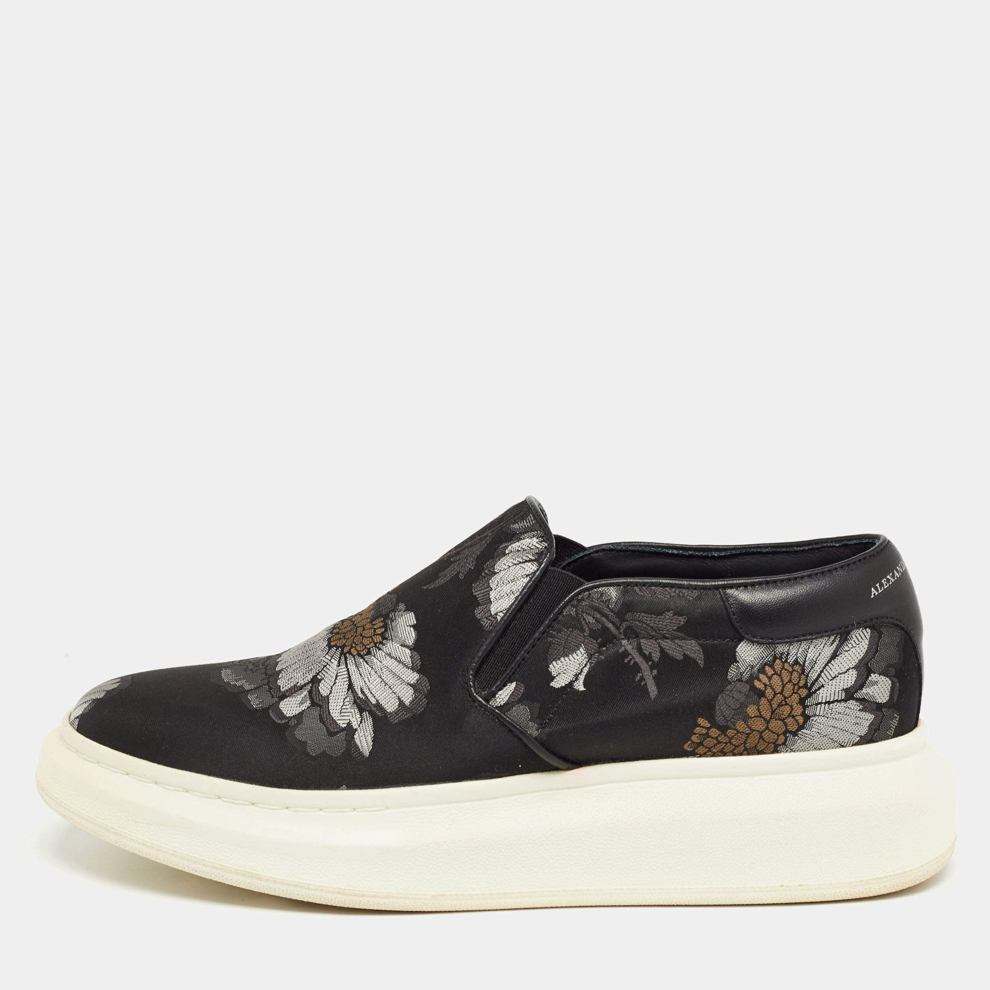 Pre Owned Alexander McQueen Black Floral Brocade Fabric Slip On Sneakers Size 40