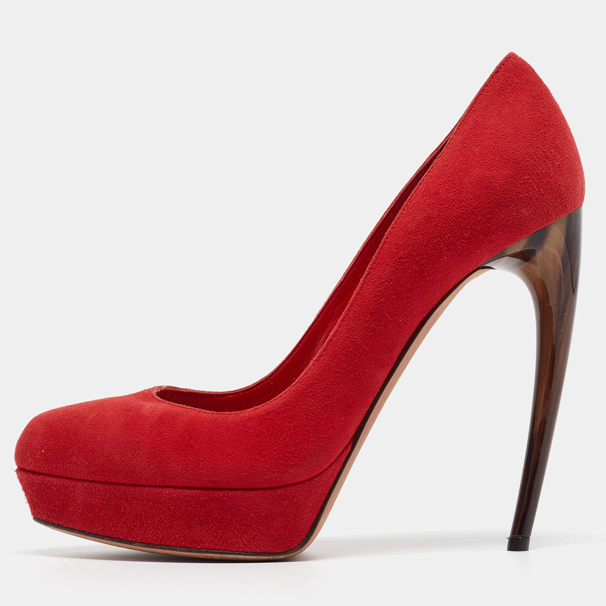 Pre Owned Alexander McQueen Red Suede Horn Heel Pumps Size 36