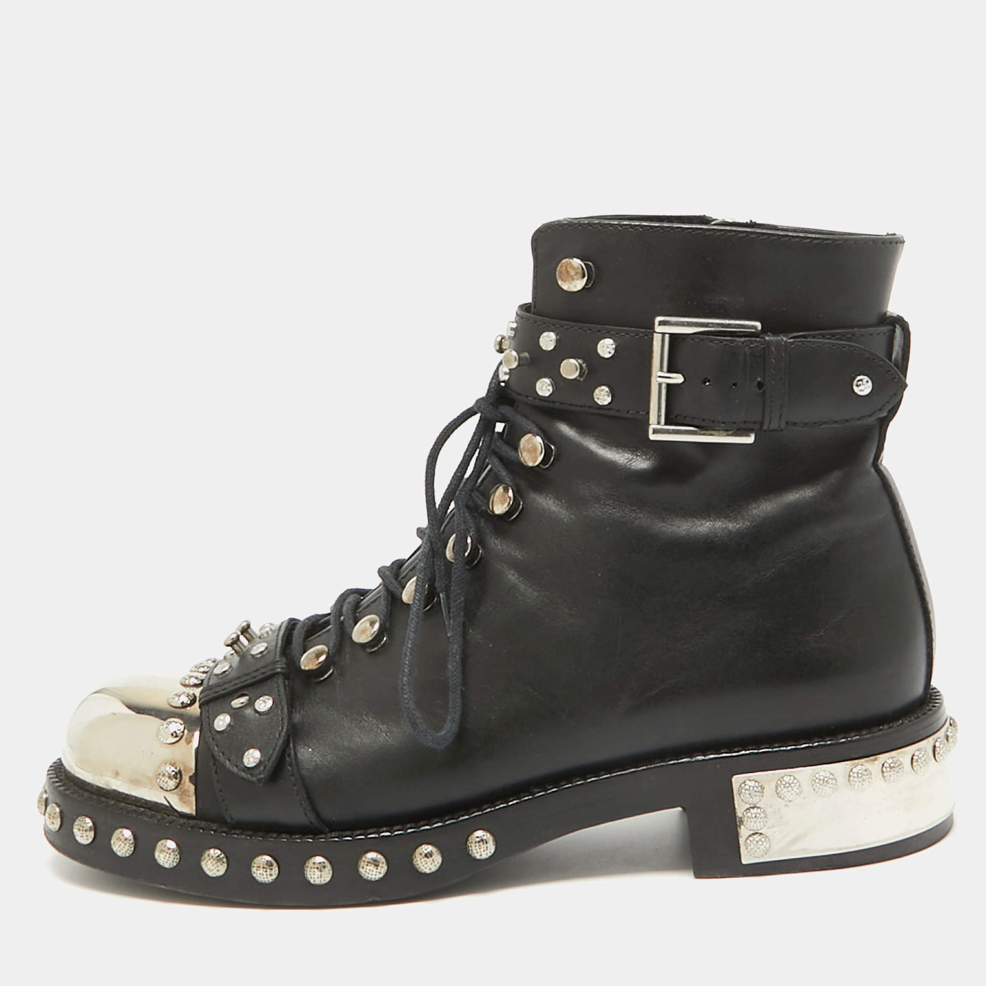 Pre Owned Alexander McQueen Black Leather Hobnail Boots Size 37