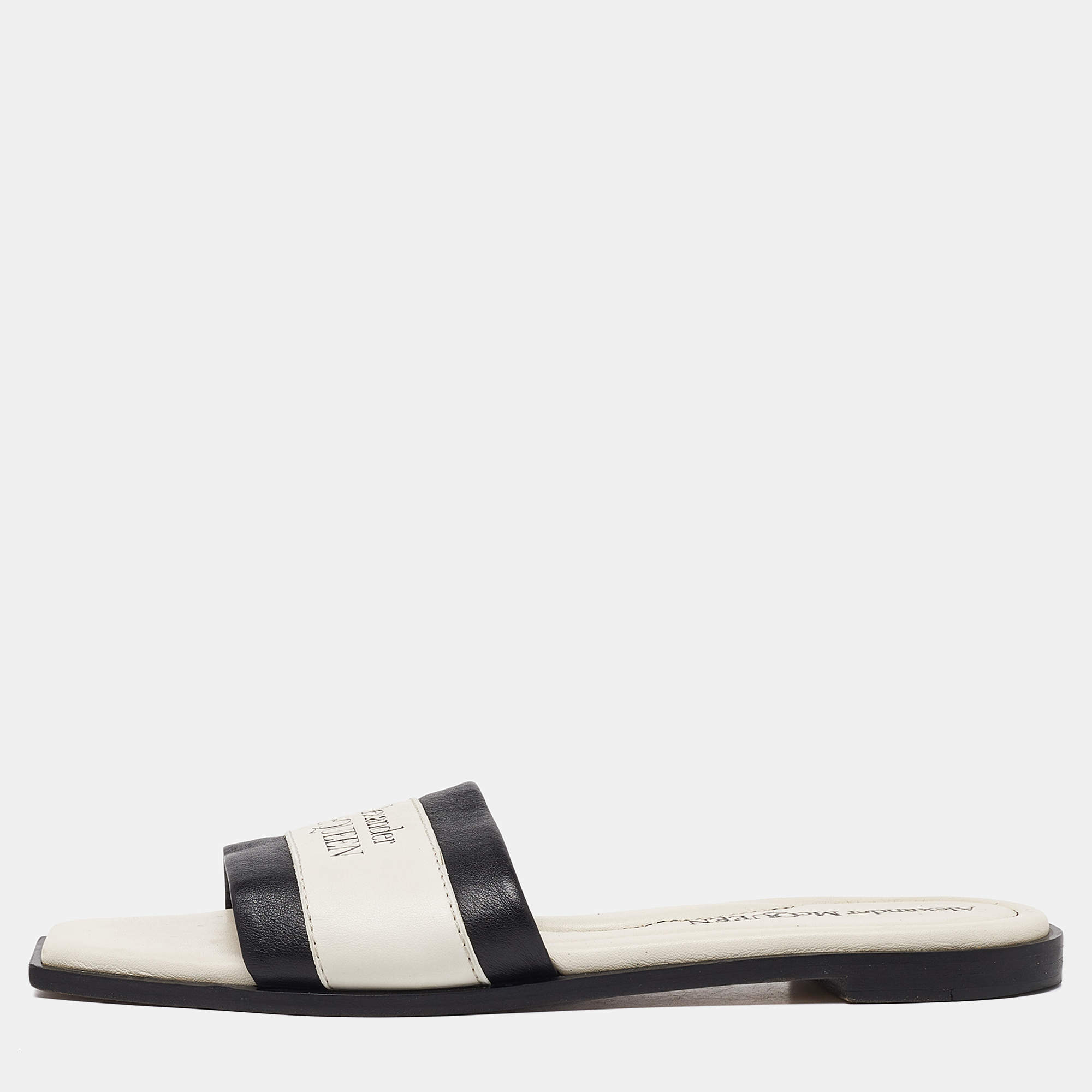 Alexander McQueen Ivory/Black Leather Flat Slides Size 37