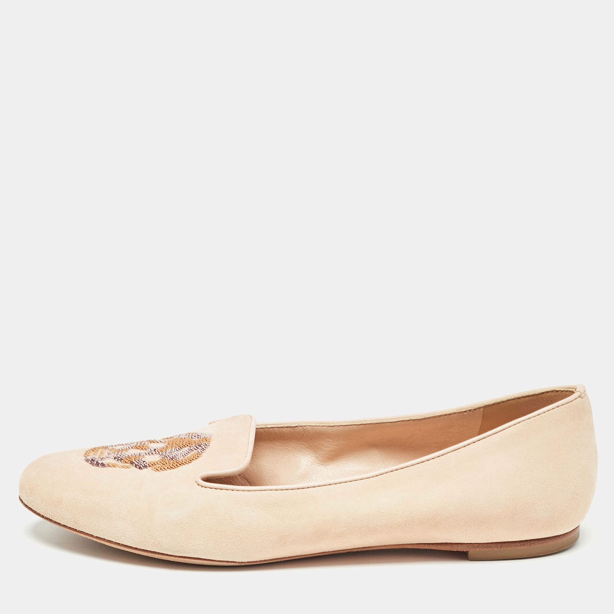 Pre Owned Alexander McQueen Peach Suede Skull Embroidered Smoking Slippers Size 36