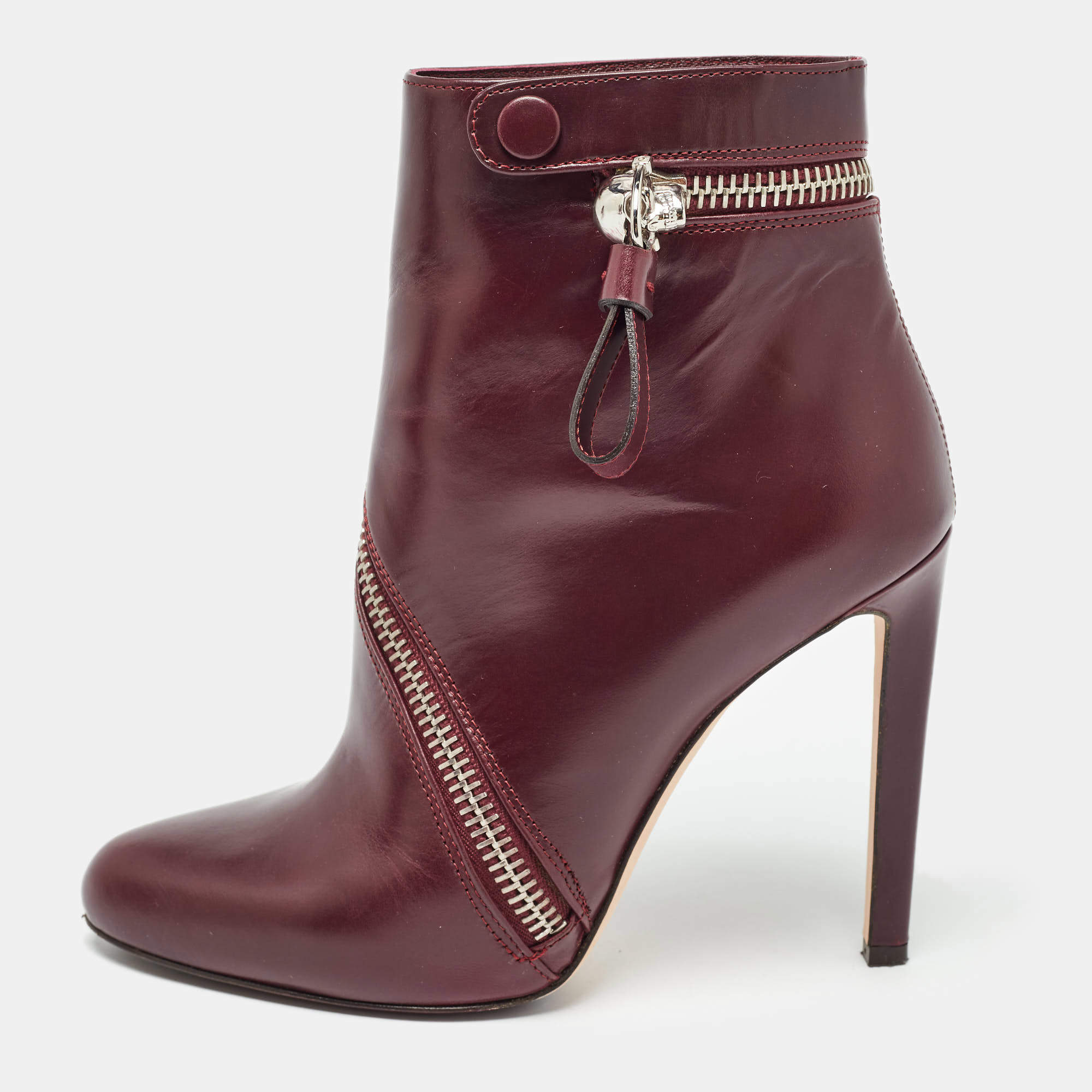 Pre Owned Alexander McQueen Burgundy Leather Spiral Zip Detail Ankle Boots Size 39