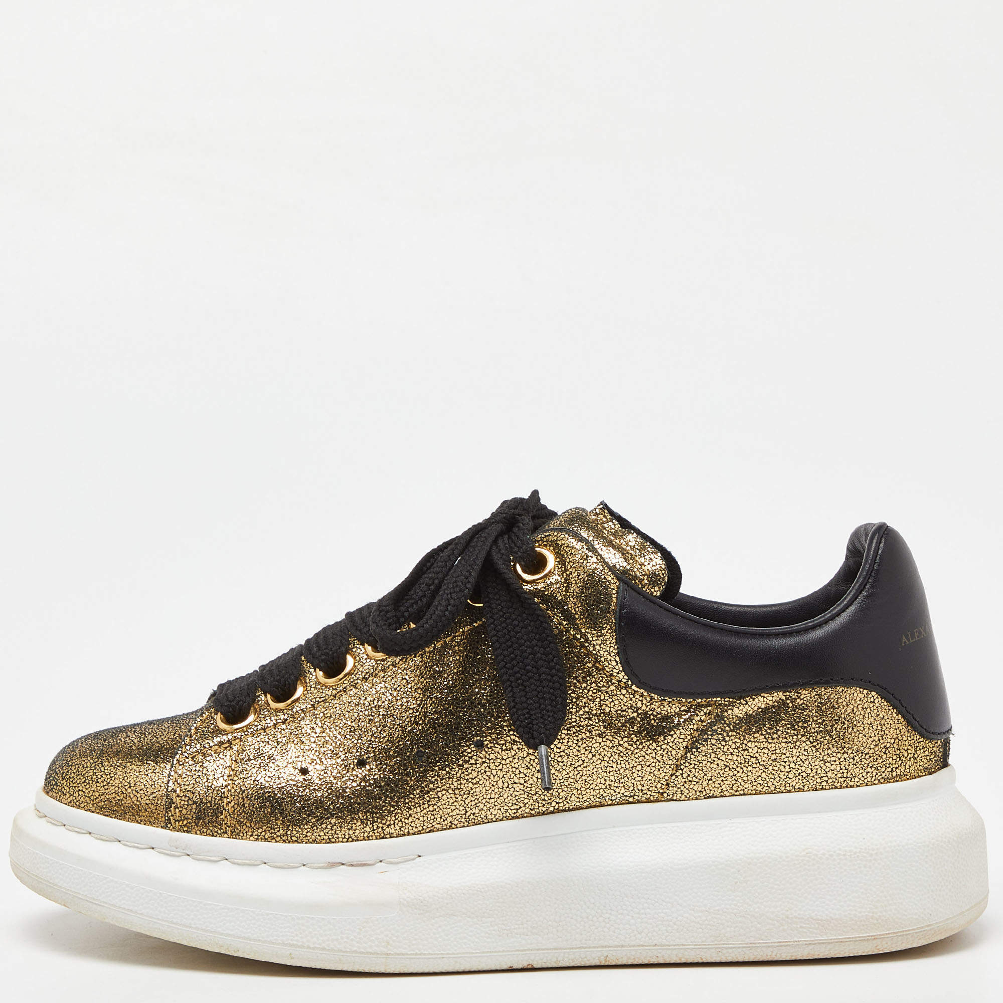 Pre Owned Alexander McQueen Gold/Black Texture Leather Classic Larry Lace Up Sneakers Size 36.5