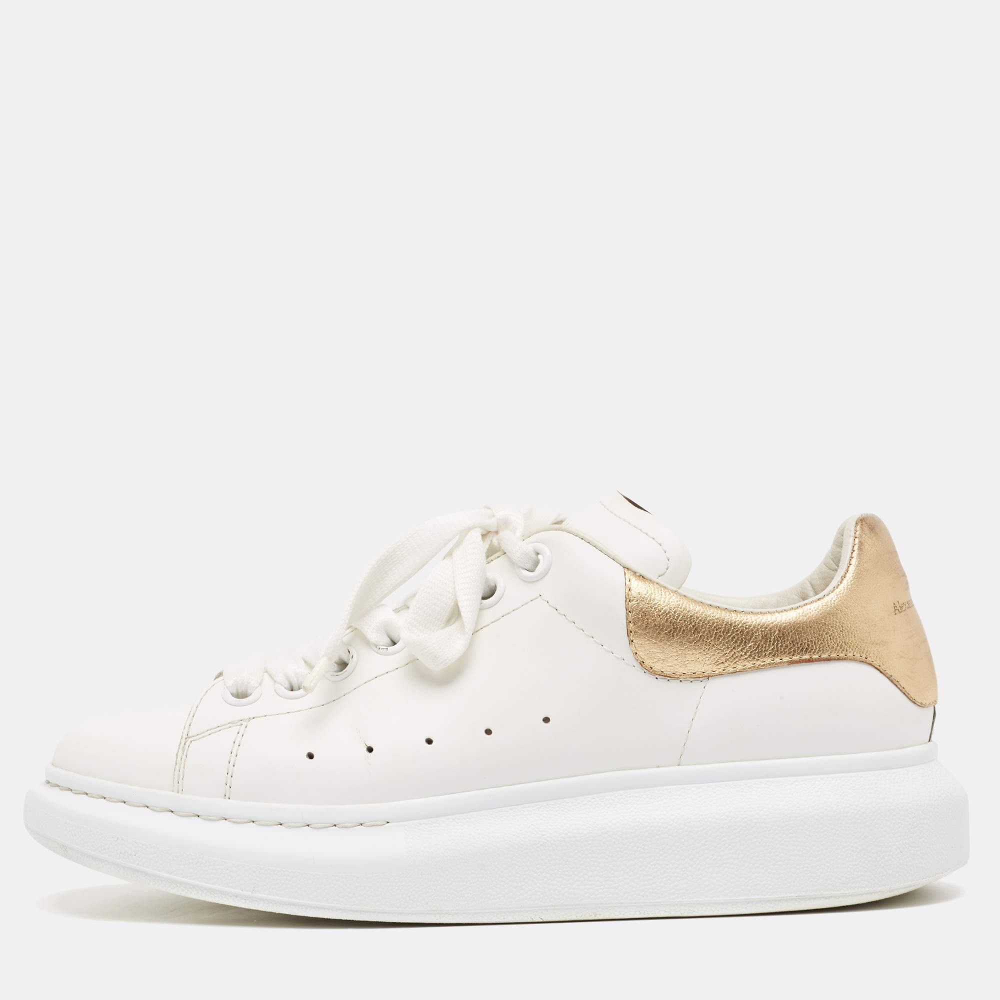 Pre Owned Alexander McQueen White/Gold Leather Oversized Sneakers Size 39