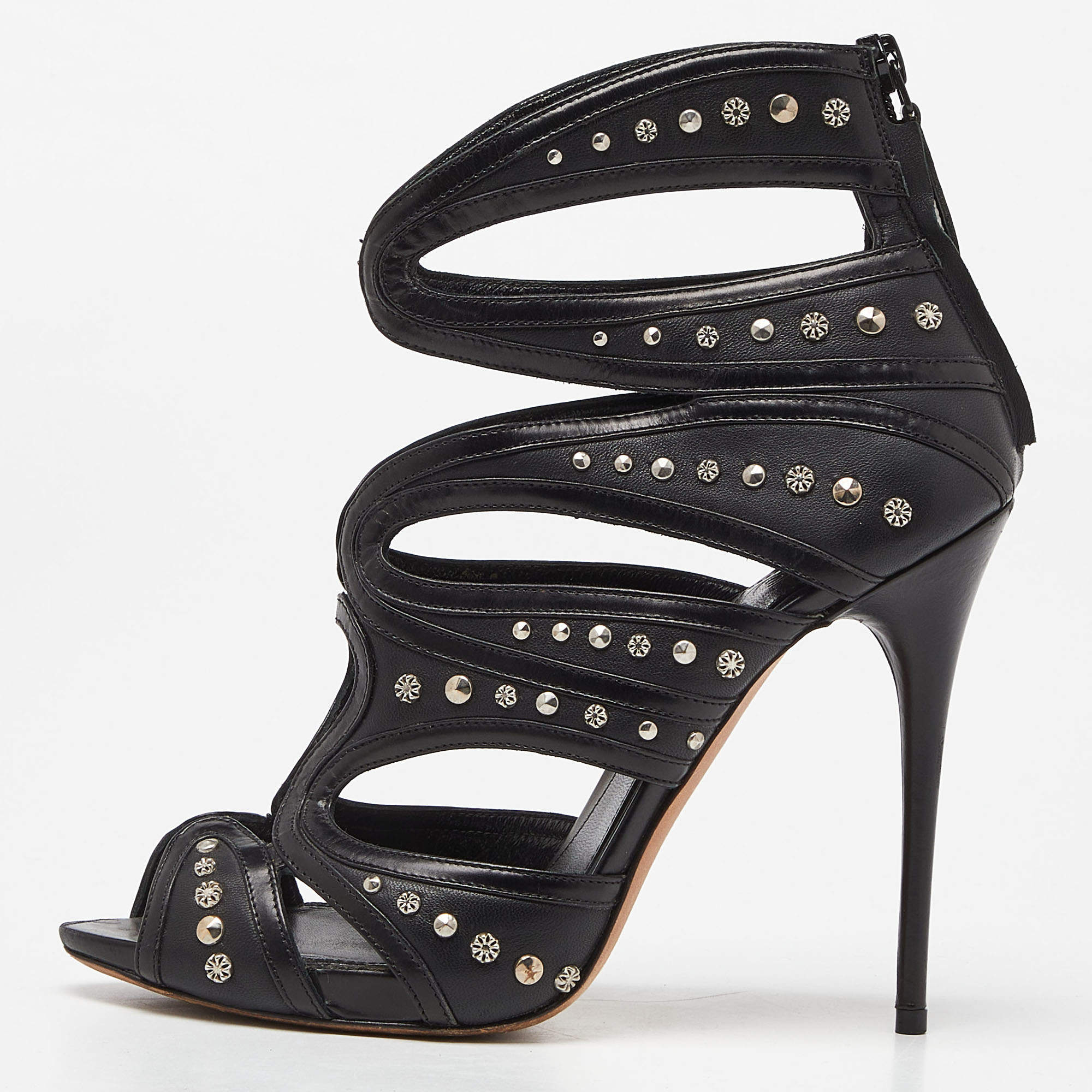 Alexander McQueen Black Leather Studded Strappy Sandals Size 38