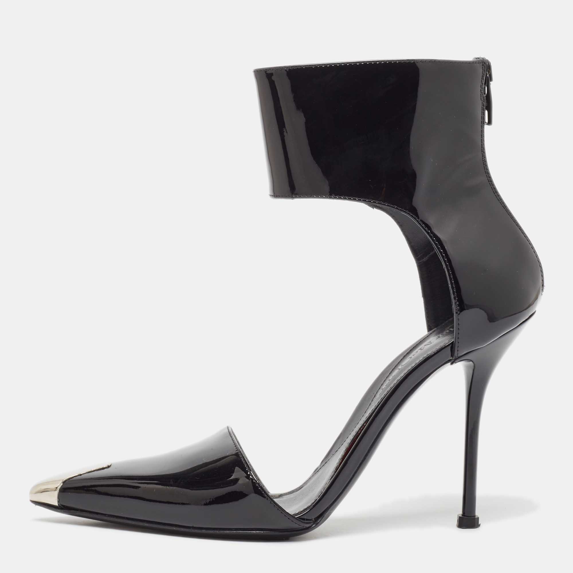 Alexander McQueen Black Patent Cutout Ankle Boots Size 37