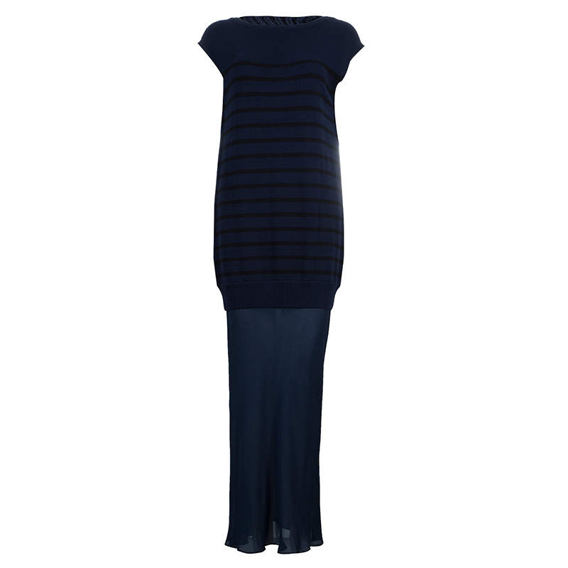 Pre Owned T By Alexander Wang Navy Blue Striped Knit Upper Sheer Bottom Oversized Maxi Dress S