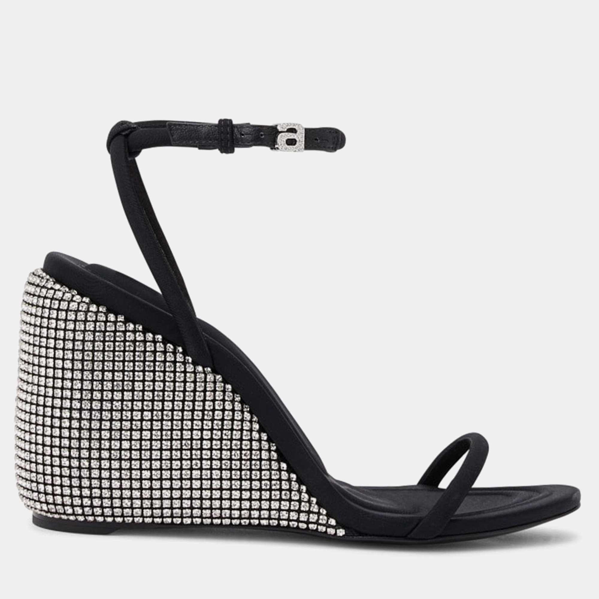 Alexander Wang black Leather Dahlia 95 Crystal Wedge Sandal EU 36