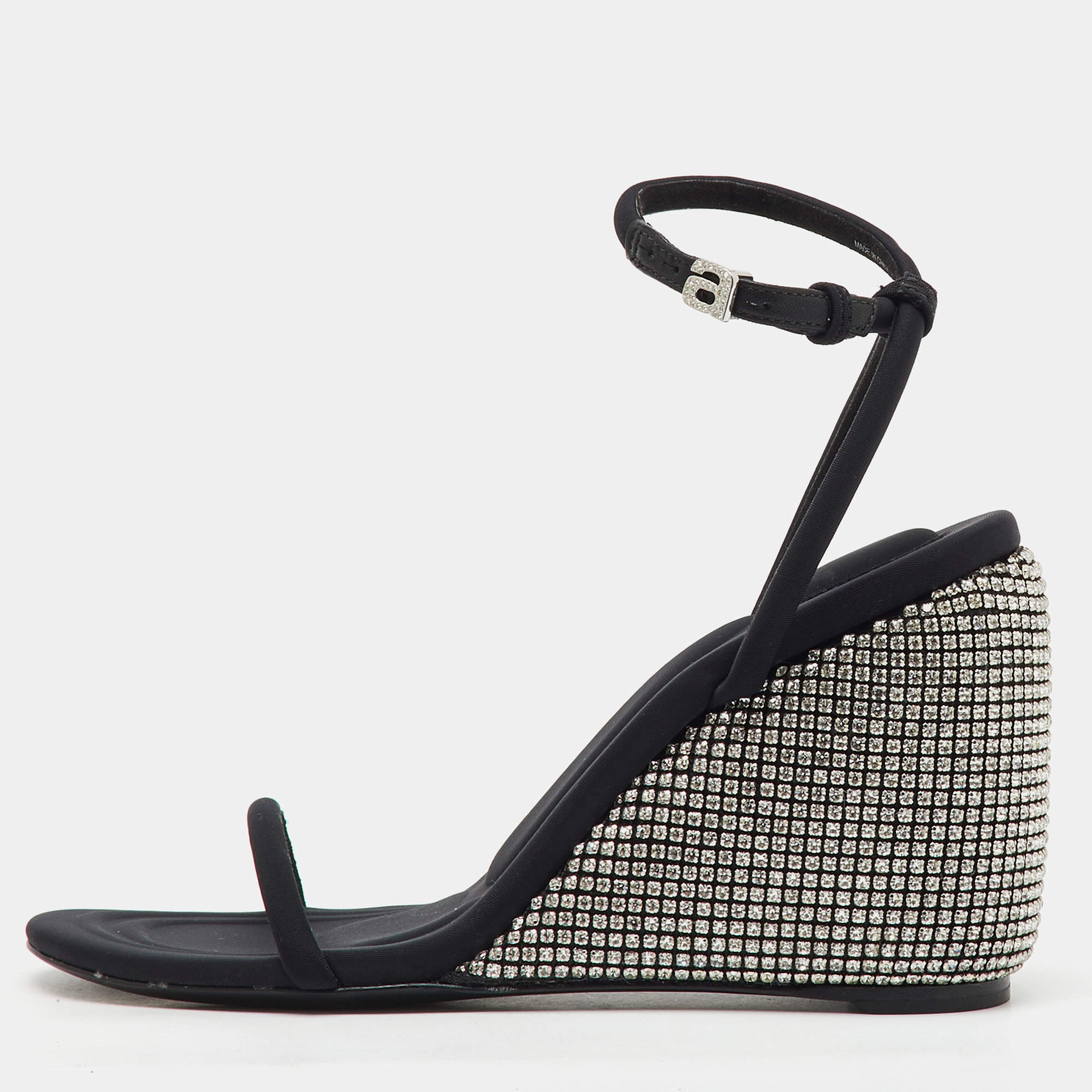 Alexander Wang Dahlia Black Satin Crystal Ankle Strap Wedge Sandals Size 37