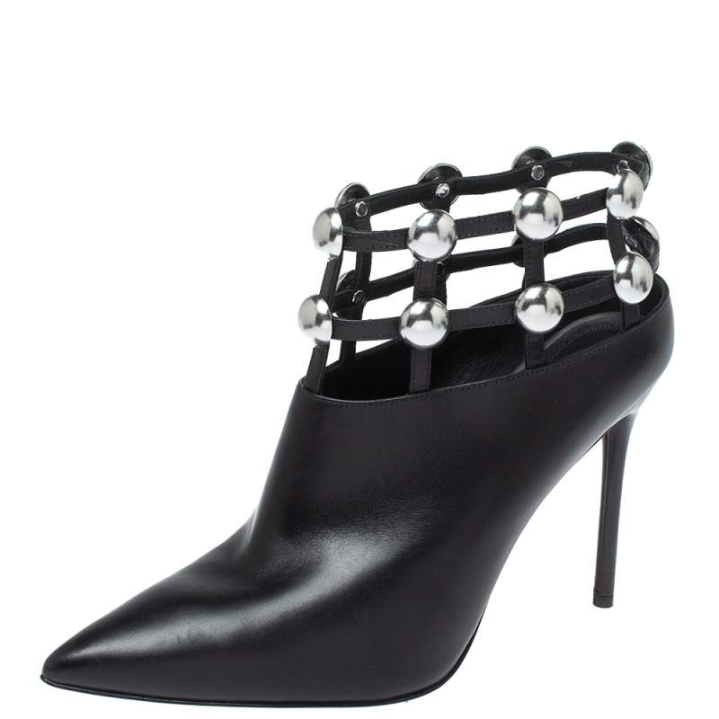 Alexander Wang Black Leather Toni Pointed Toe Cage Booties Size 41