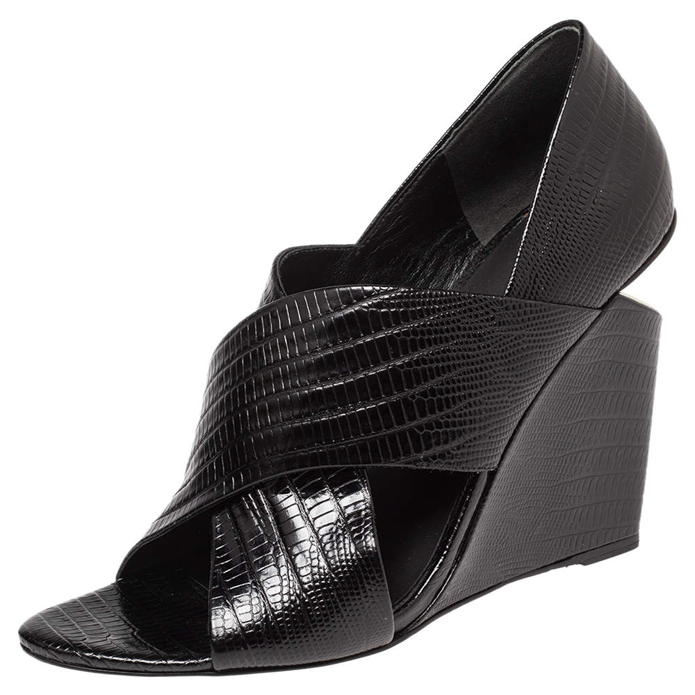 Alexander Wang Black Lizard Embossed Leather Cross Strap Wedge Sandals Size 39